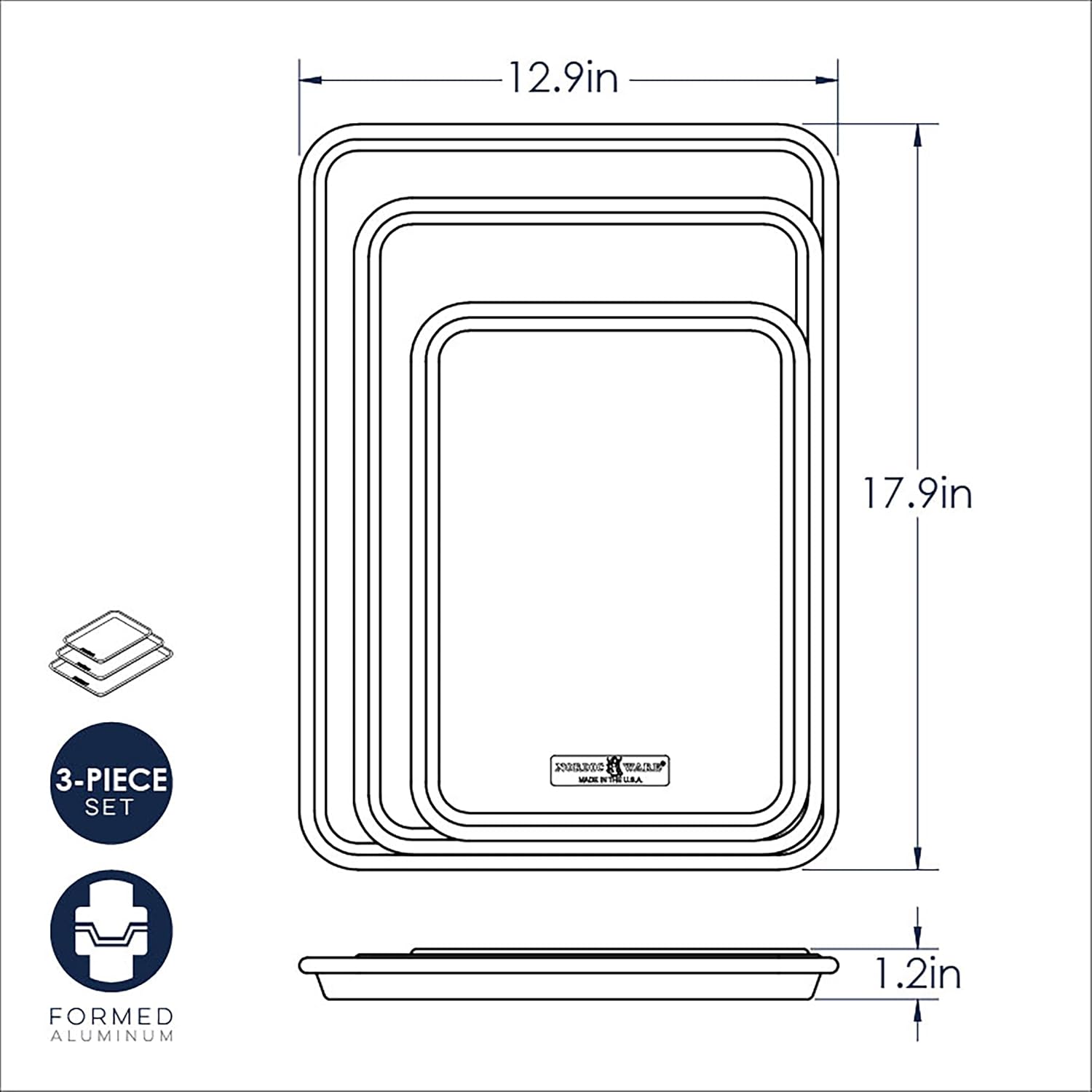 Nordic Ware Naturals 3 Piece Set - USA Made Aluminum Commercial Quality Sheet Pan for Baking or Roasting, Encapsulated Galvanized Steel Rim Prevents Warping; Half Sheet, Jelly Roll and Quarter Sheet - Image 5