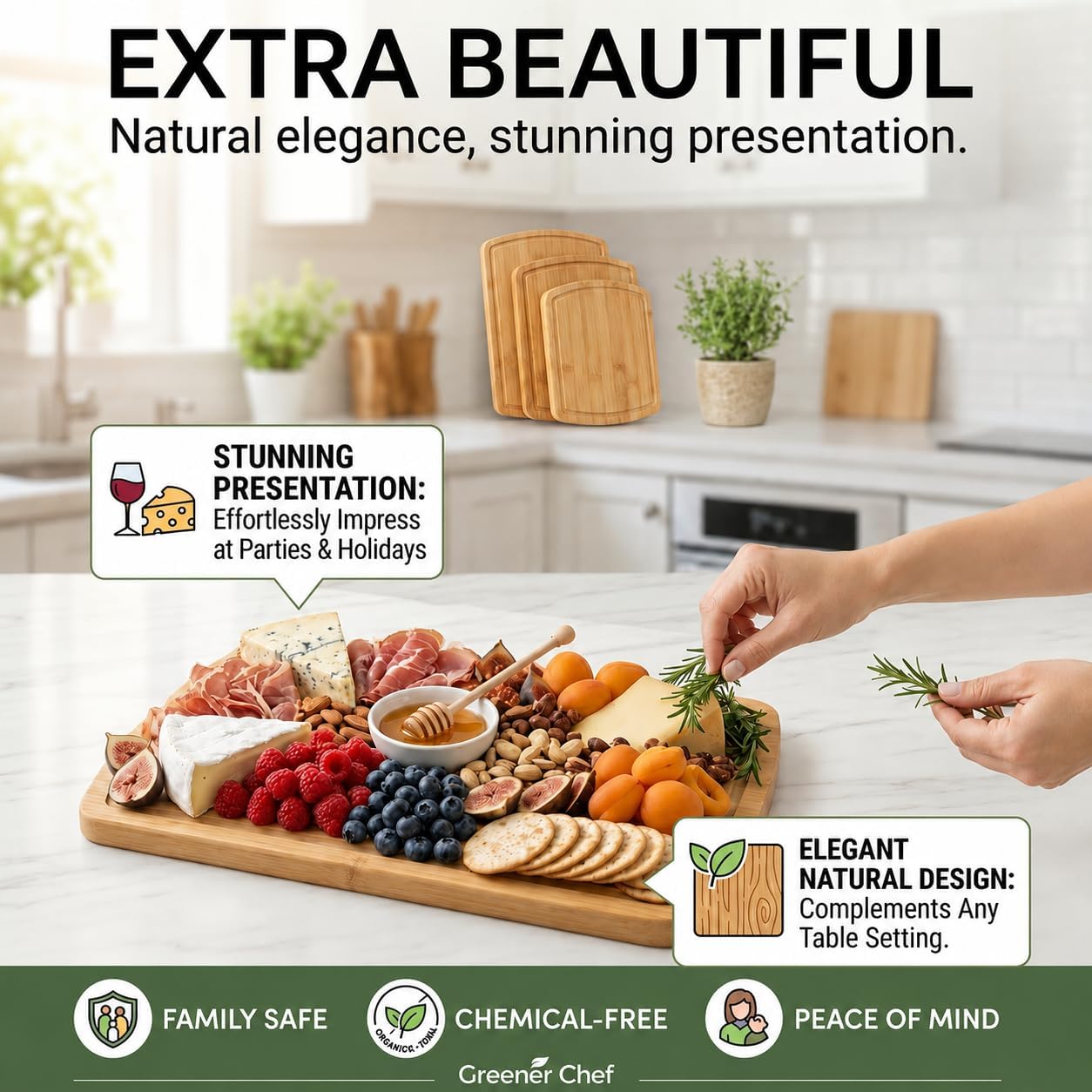 SAFEST Extra Large Bamboo Cutting Board Set of 3 with Glue-Free Surface Technology - Extra Spacious Wood Cutting Boards for Kitchen and XL Chopping Board Set - Replacements for Life - Image 6