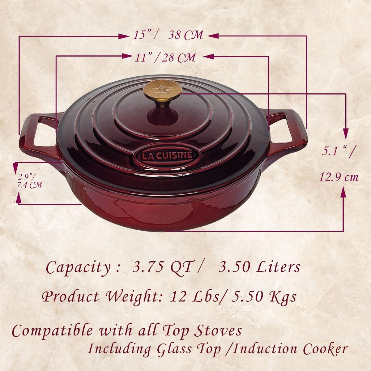 La Cuisine Enameled Cast Iron Braiser Sauté Pan Shallow Dutch Oven with Golden Knob for Lid Internal Matt Black Enamel 3.75 QT 11" / 28cm Ø Oven-Safe 550°F/276°C, Cranberry - Image 9