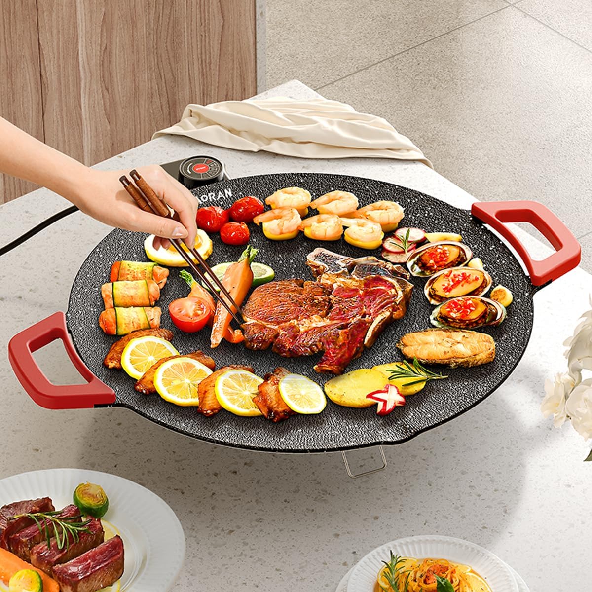 AORAN Indoor Grill Electric Smokeless Set – Nonstick Electric Griddle for Indoor Use, Compact & Versatile Cooking for Steaks, Pancakes & BBQ, Includes Silicone Spatula, Oil Brush & Food Tongs - Image 8