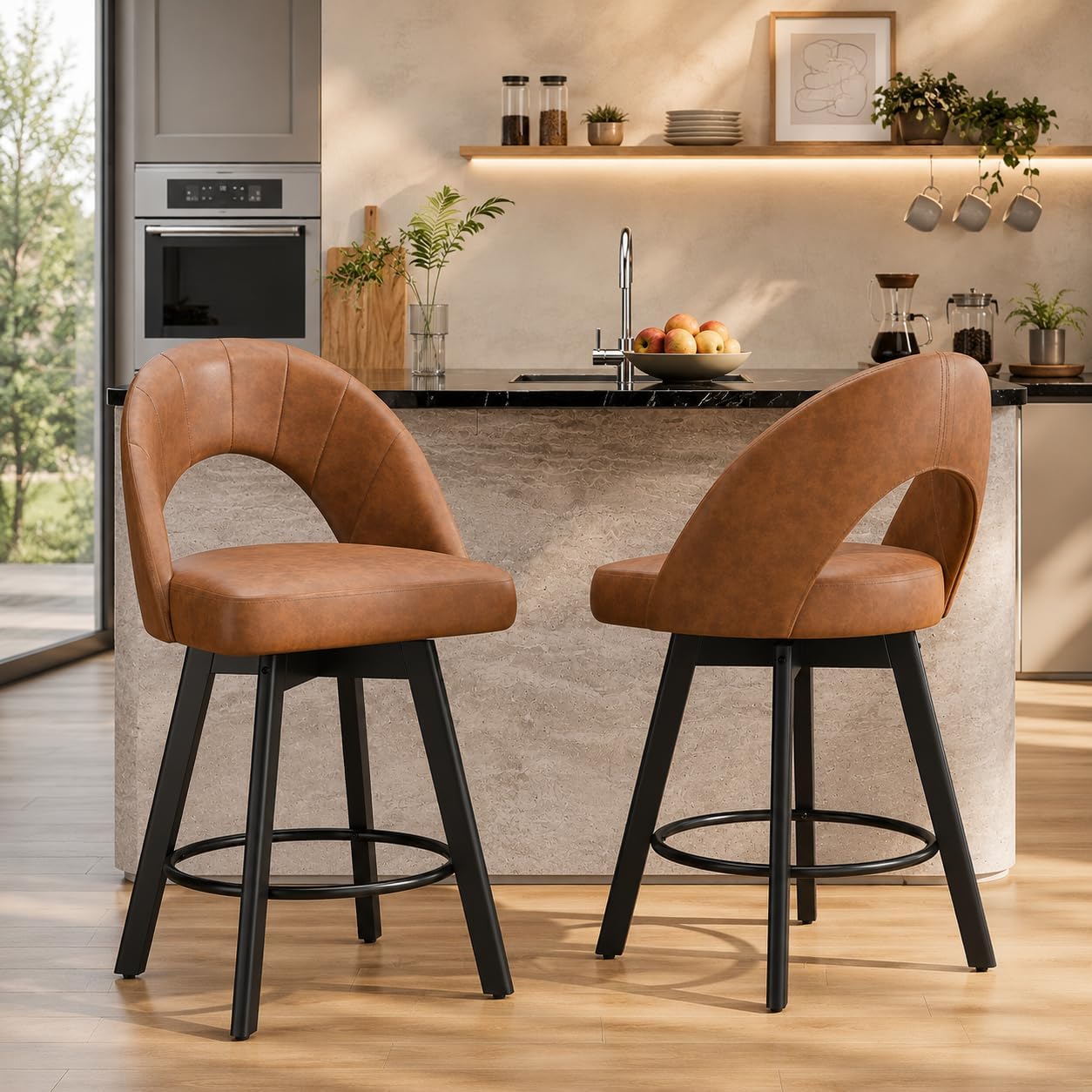 YaFiti 24" Counter Height Bar Stools Set of 2, Faux Leather, Light Tan - Image 8