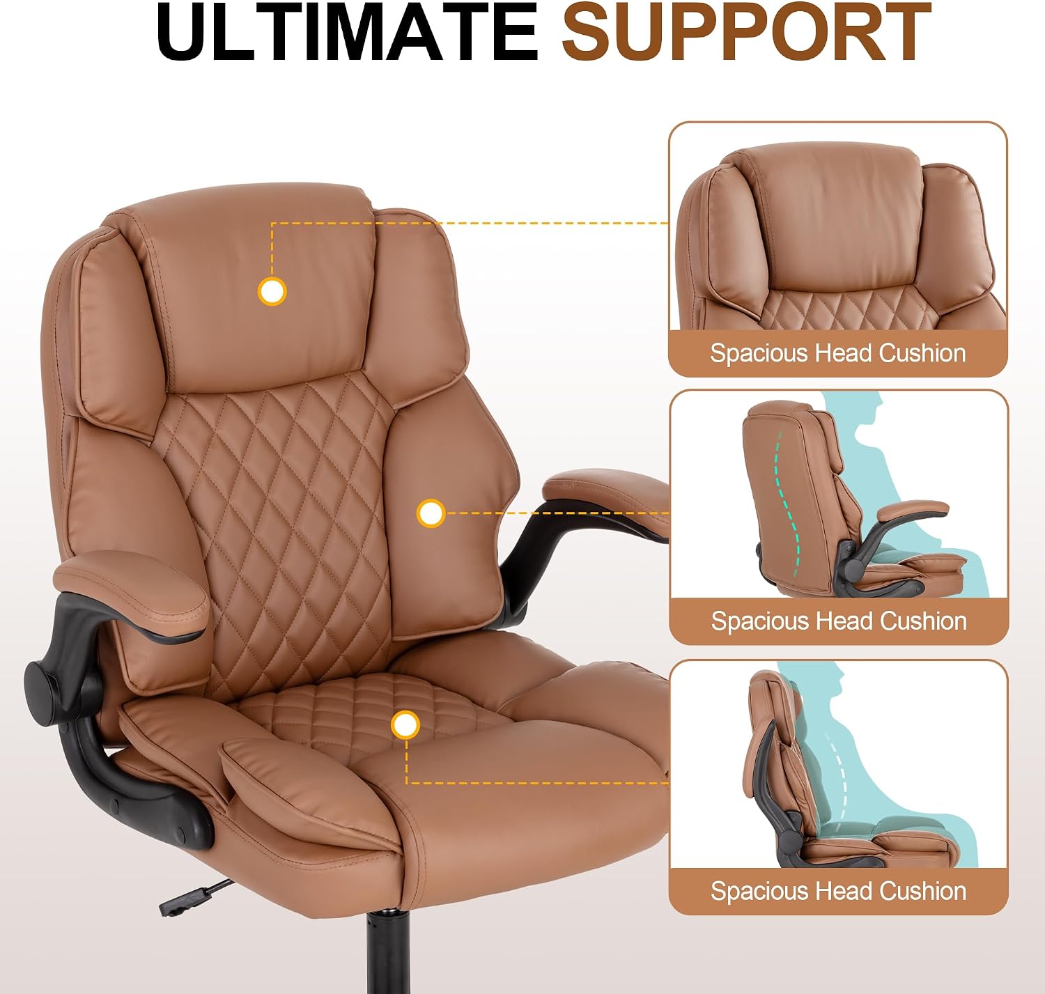 Office Desk Chair,Mid Back Executive Leather Chair,Ergonomic Home Computer Chair,Modern Conference Room Chairs with Adjustable Flip-Up Arms and Rocking Function (Brown) - Image 7