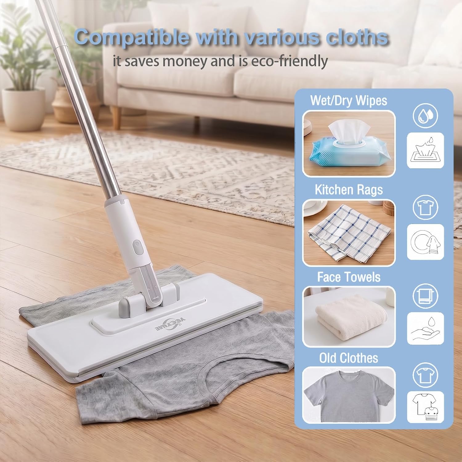 Pawnexa Mop,Clamp Mop,Hands Free Multi Purpose Flat Mops with Squeegee,Shark Tooth Grip for Any Cloth,Dry and Wet Use,Cleaning Mops for Whole House(40”Handle,6 Cloths) - Image 3