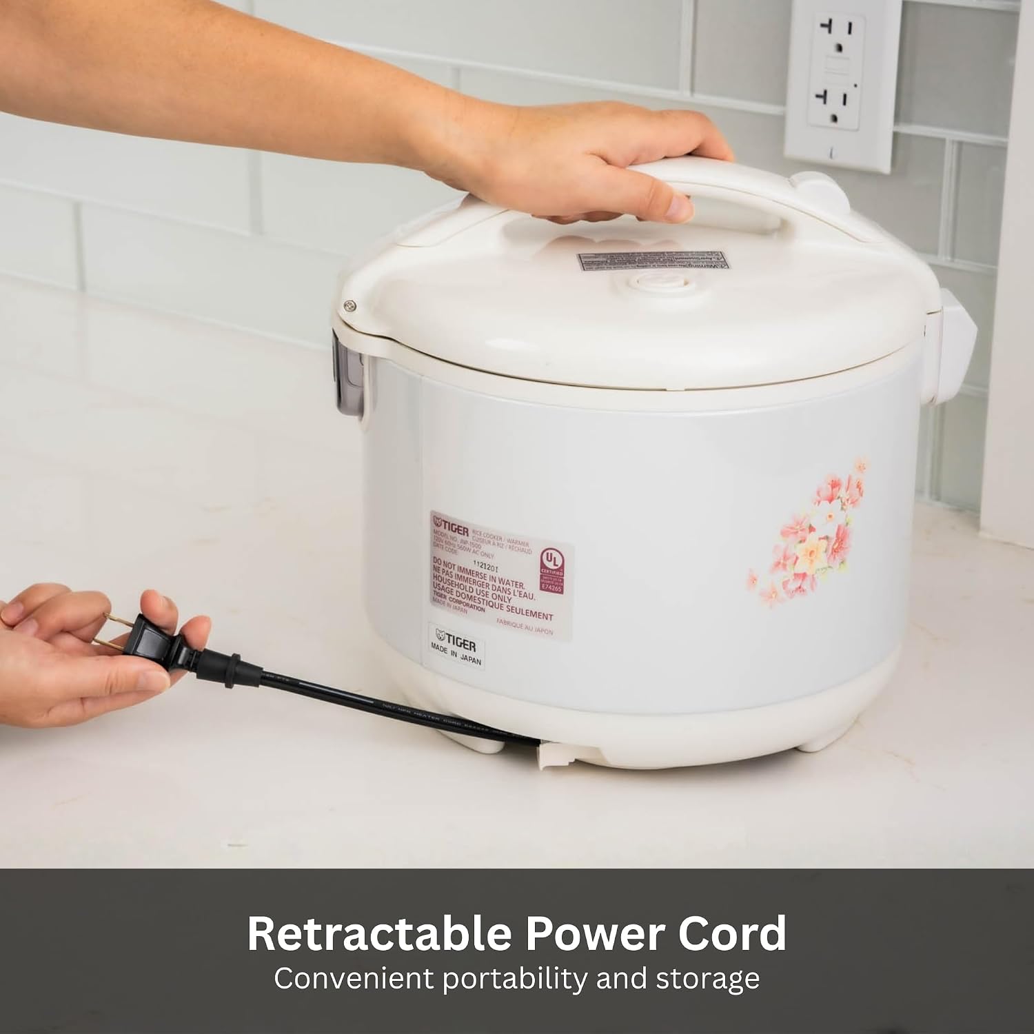 Tiger JNP-0550-LF 3 Cup Capacity White Rice Cooker with Non-Stick Inner Pot, Retractable Power Cord, and Keep Warm up to 12 hours (Flower) - Image 4