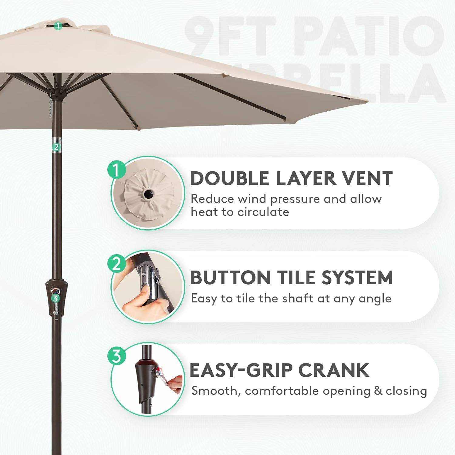JEAREY 9FT Outdoor Patio Umbrella, Market Umbrella, Beige - Image 2
