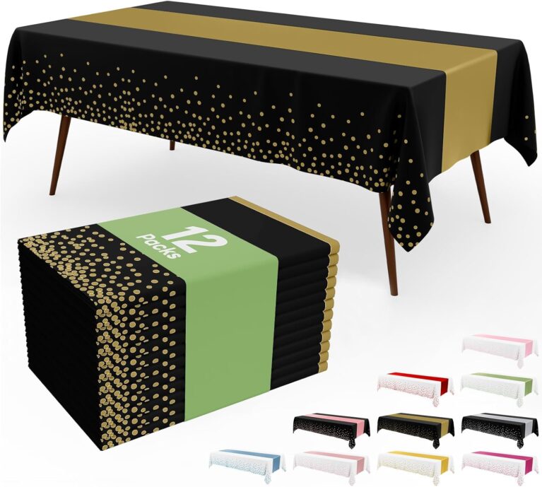 Smiry Plastic Table Cloth Disposable 12 Pack, 54 x 108 Inch Rectangle Waterproof Tablecloth, Printed Gold Table Runner Style for Birthday Weeding, Party, Leakproof & Sturdy, Black and Gold