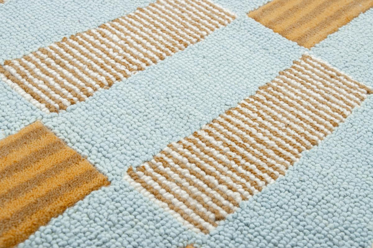 Checkered Hand-Tufted 100% Wool Area Rug - 5x5 Ft, Round Light Blue Base with Mustard and Beige Blocks, Olive Green Scalloped Edge, Cotton Backing Plush Carpet for Bedroom & Nursery - Image 9