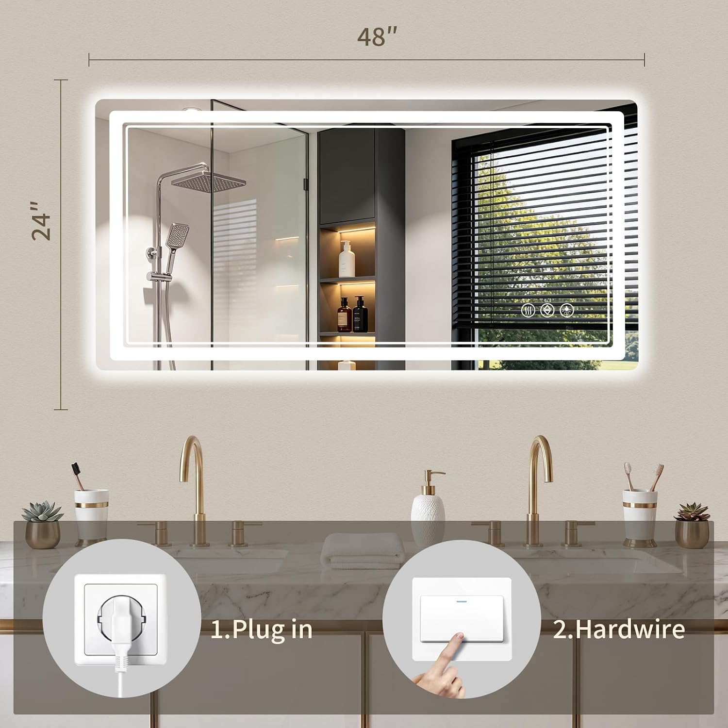 24"x48" LED Bathroom Mirror with Lights, Backlit + Front Lit, Anti-Fog, Lighted Bathroom Mirror for Wall, HD Shatterproof Tempered Glass, Dimmable, Memory Function (Horizontal/Vertical) - Image 4