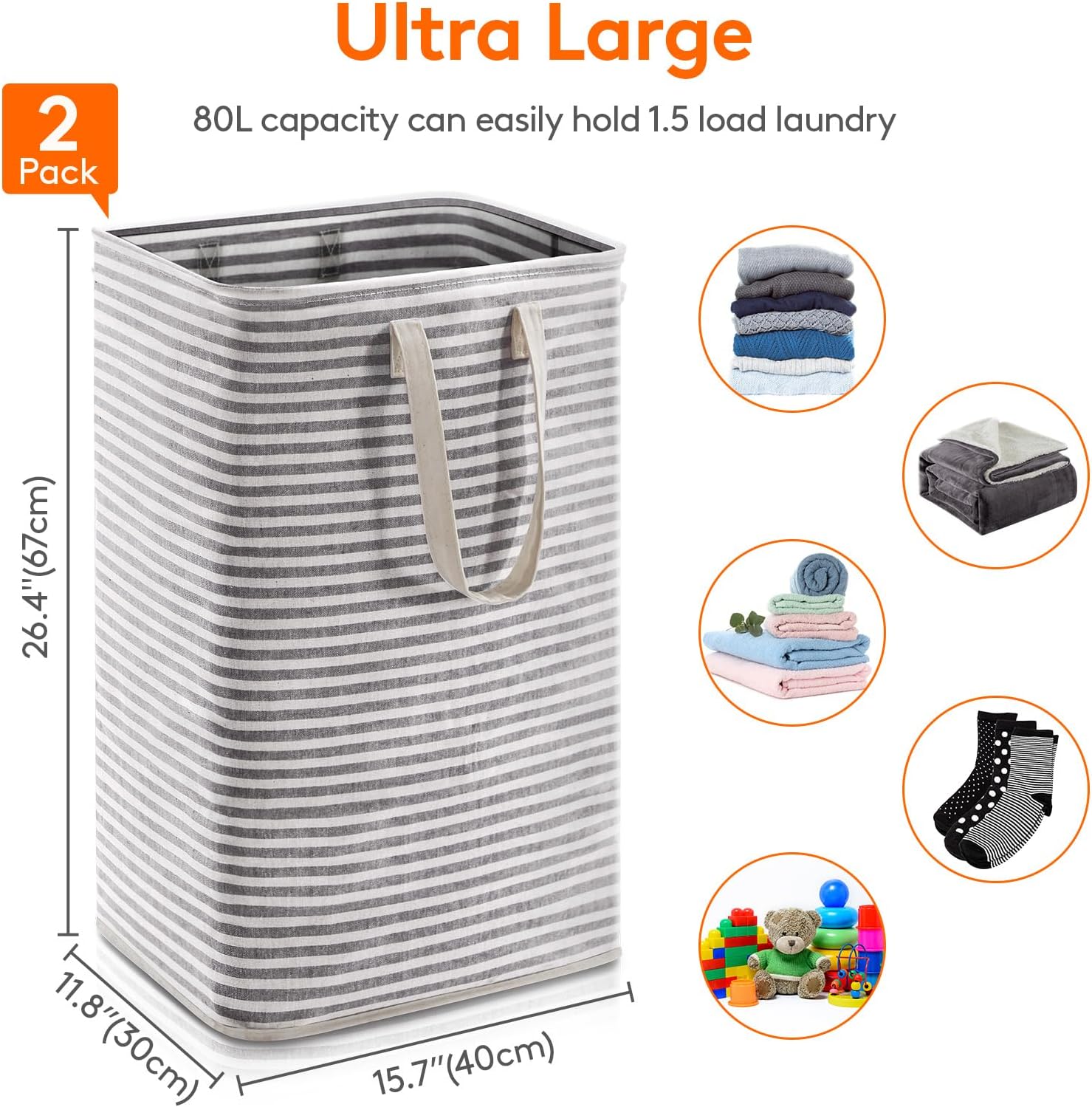 Lifewit 80L Large Laundry Baskets, Laundry Hampers Bags, 2 Pack, Black - Image 3