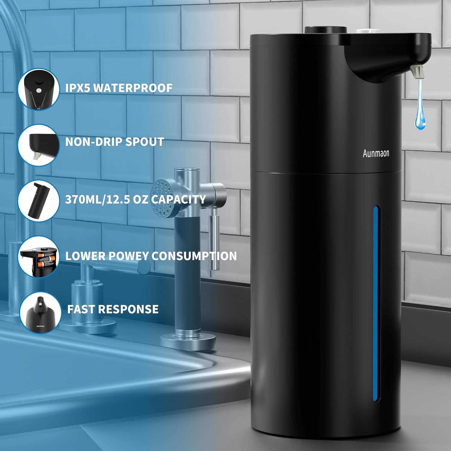 Automatic Soap Dispenser Touchless,15-Level,Kitchen Bathroom Black - Image 4