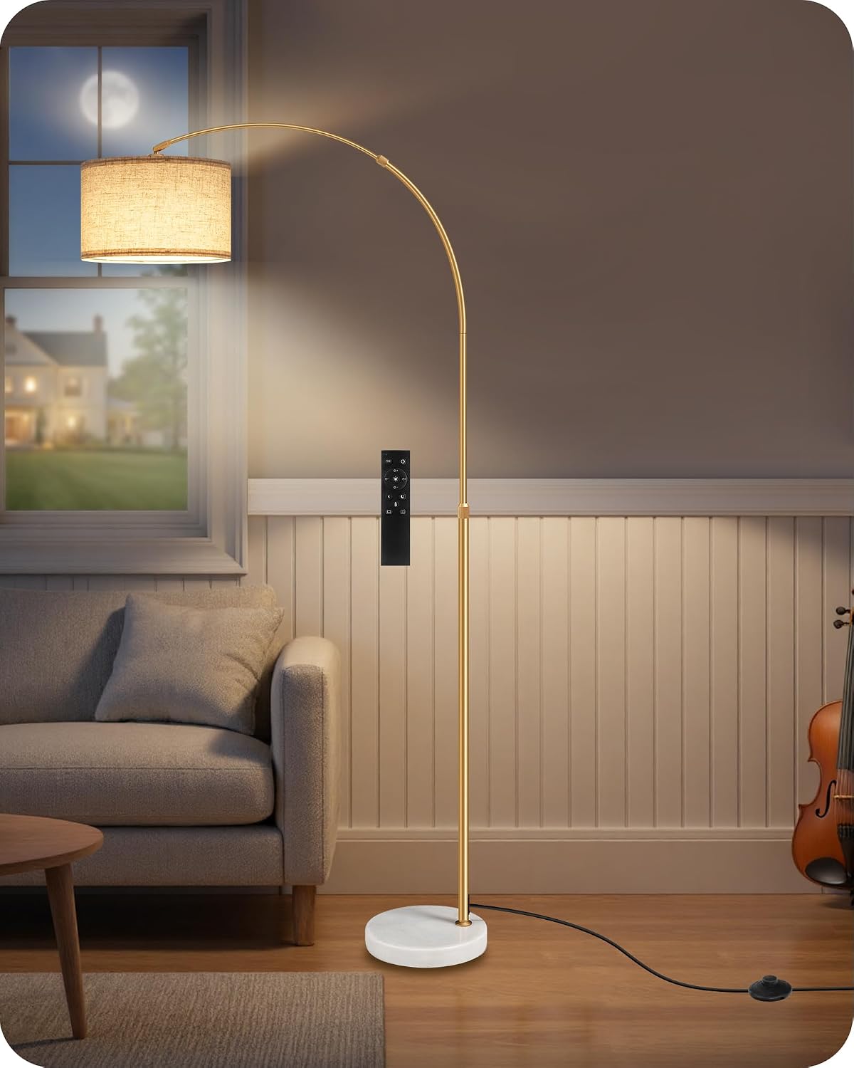 75" Dimmable Gold Arc Floor Lamp with Marble Base, Adjustable Height, Beige - Image 9