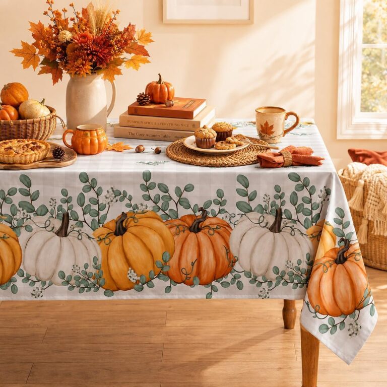 Horaldaily Fall Tablecloth 60x84 Inch Rectangular, Thanksgiving Autumn Harvest Orange Pumpkin Buffalo Plaid Table Cover for Party Picnic Dinner Decor