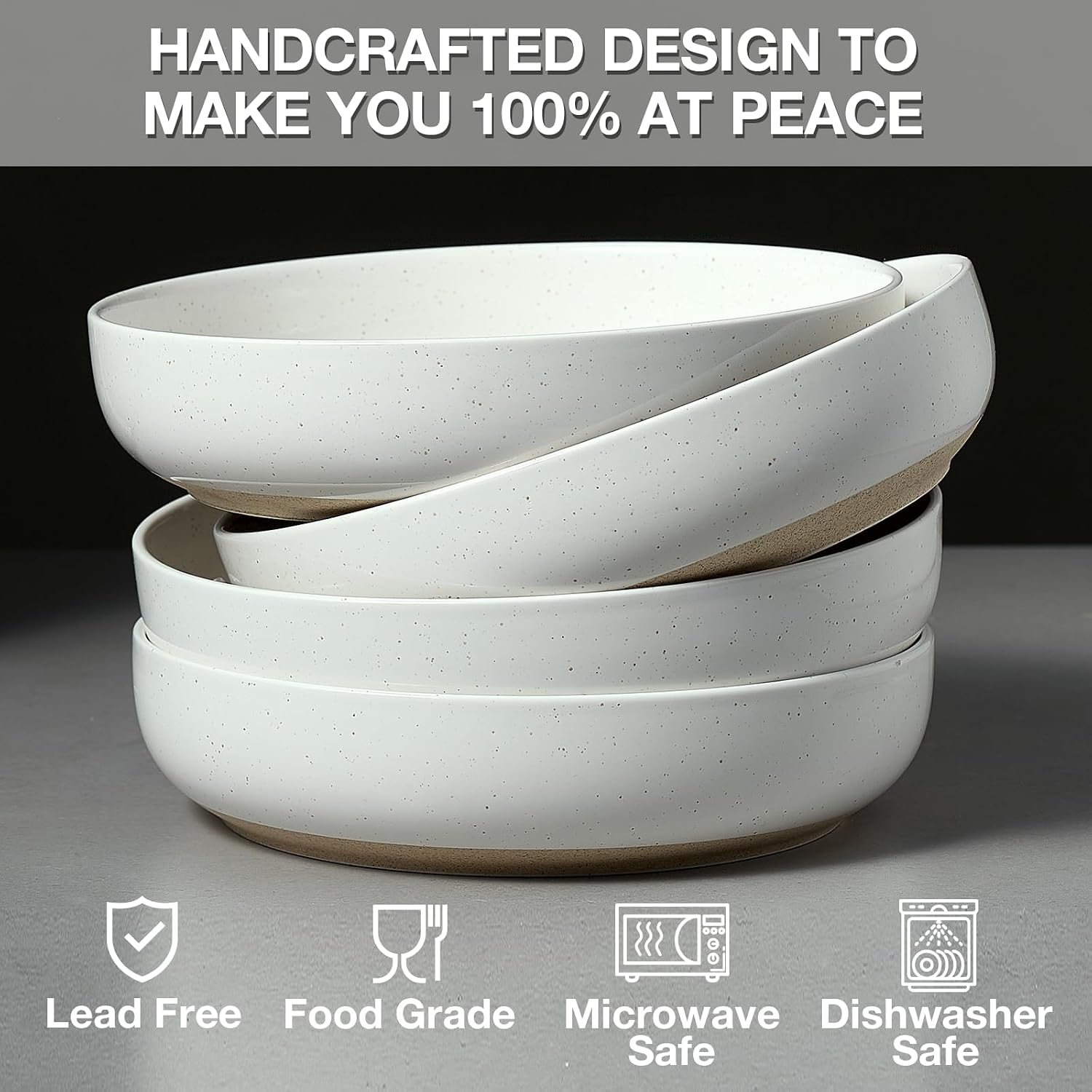 Gencywe 8.3" Pasta Bowls Set of 4, 34 oz Ceramic Salad Bowls, White Serving Plate, Wide and Shallow Bowl for for Fruits, Noodle, Dinner, Housewarming Wedding Christmas Dishwasher and Microwave Safe - Image 3