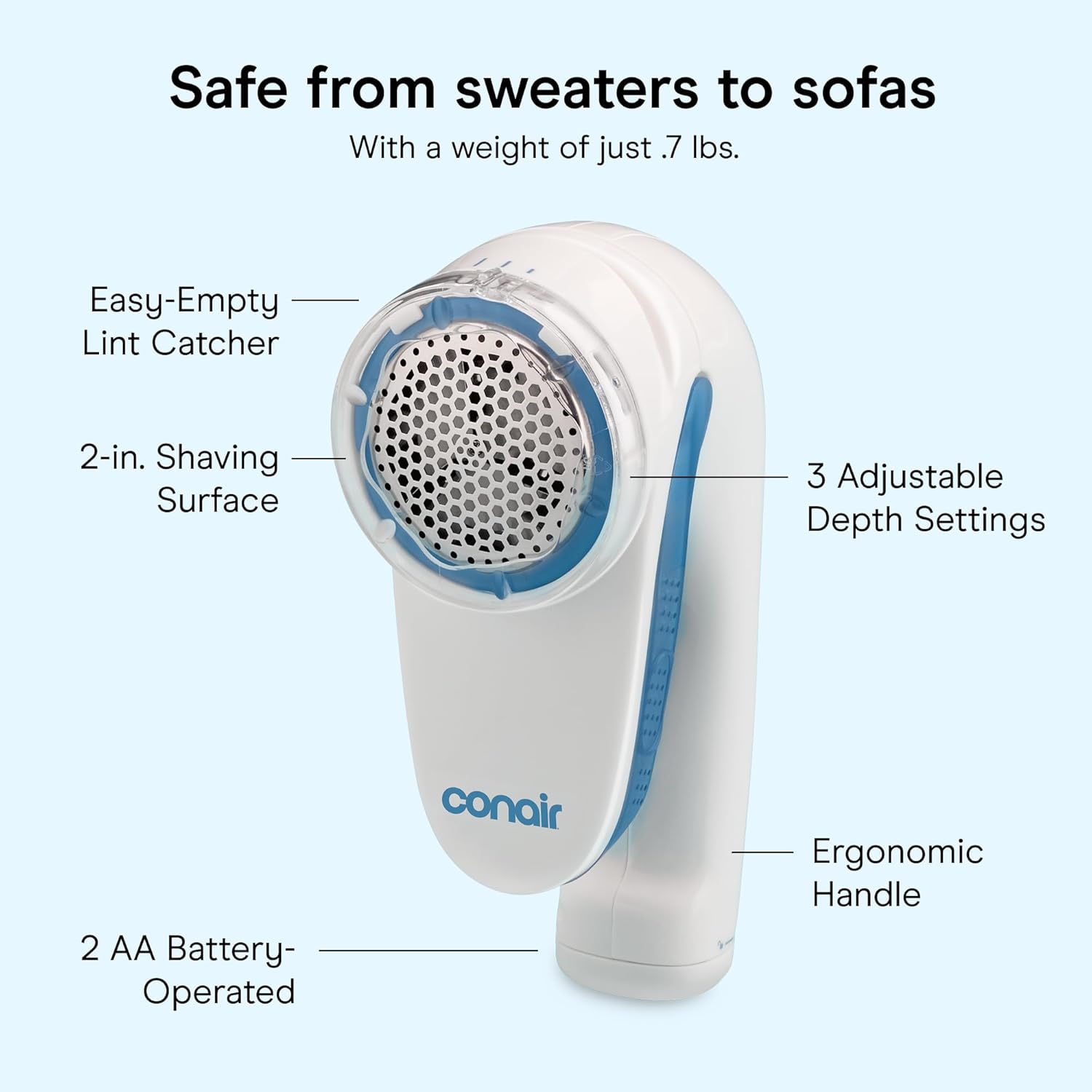 Conair Fabric Shaver and Lint Remover, Battery-Operated Portable Clothes Shaver with 3 Settings, Fuzz Remover for Sweaters, Clothing and Furniture, Large 2-Inch Shaving Head, White - Image 4