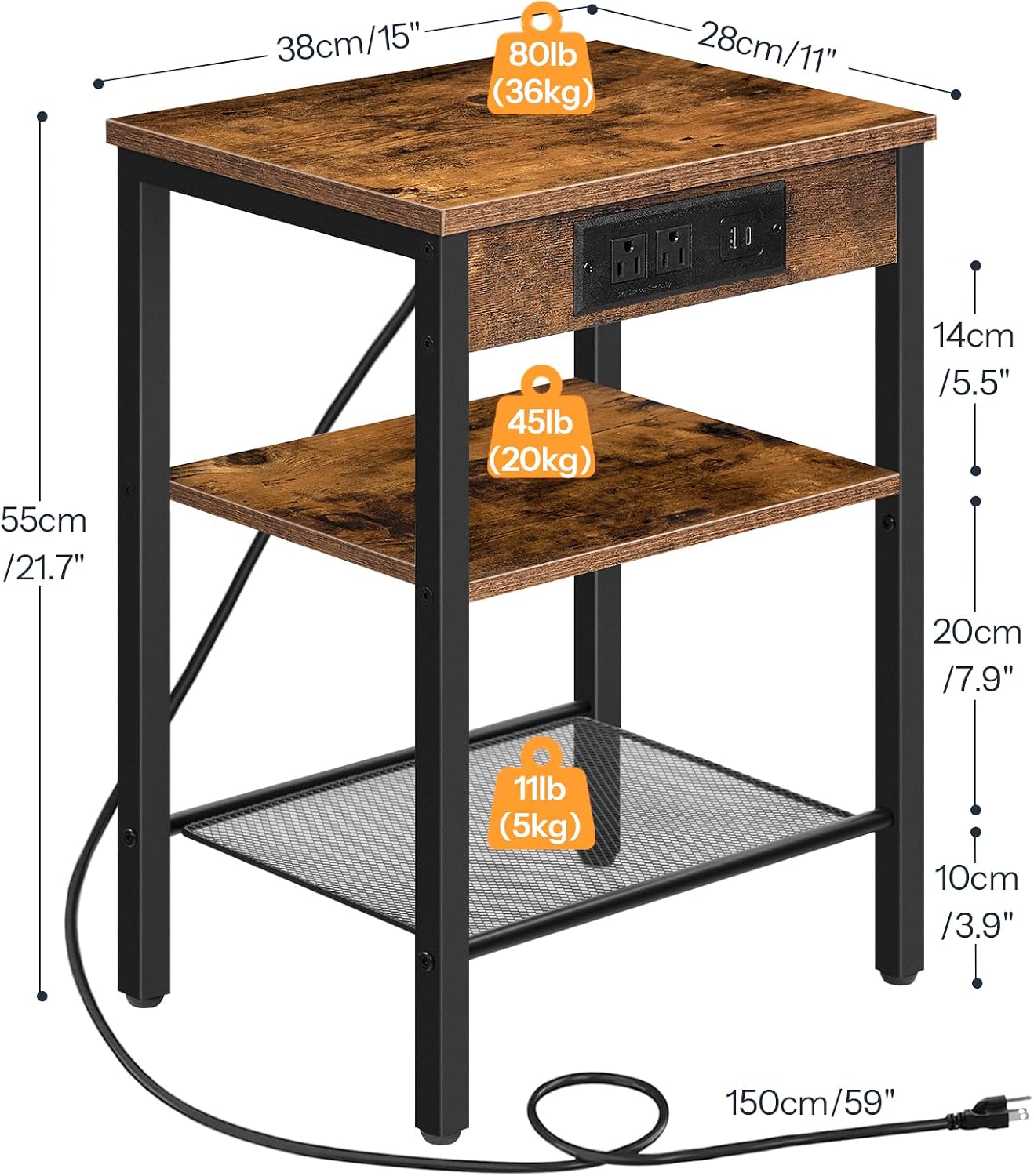 HOOBRO Side Table with Charging Station and USB Port, Small End Table for Small Space, 3-Tier Nightstand with Adjustable Shelf, for Living Room, Bedroom, Rustic Brown BF112BZ01 - Image 3