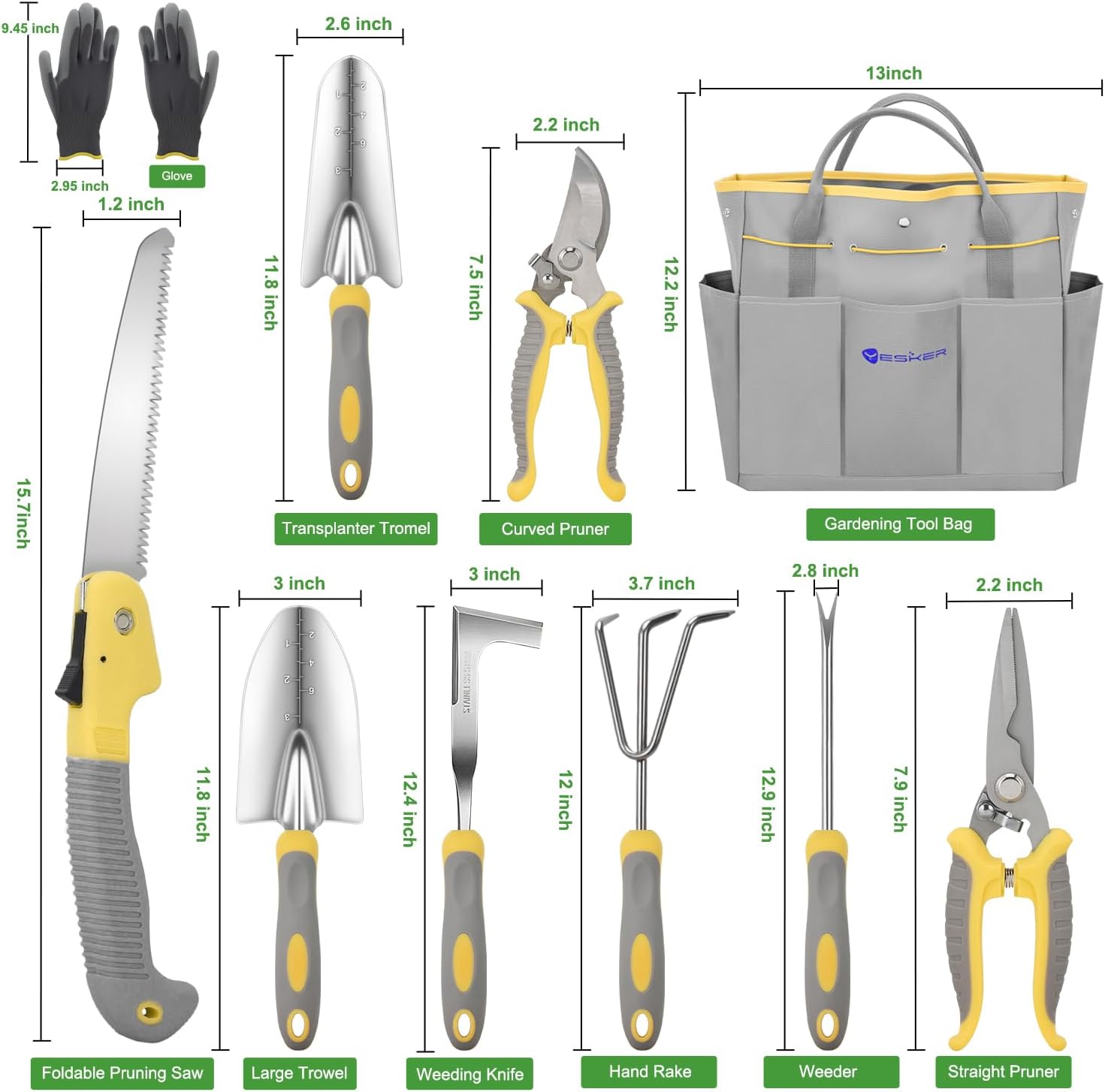 Yesker Gardening Tools 10-Piece Heavy Duty Garden Tool Set Gardening Supplies Gifts for Women Men Gardening Hand Tool Kit w Non-Slip Ergonomic Handle, Garden Bag, Durable Gloves, Pruning Shears, Gray - Image 2