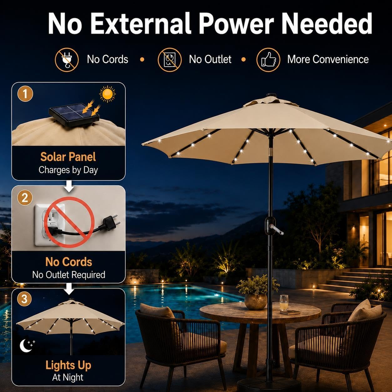 Yaheetech 9FT Solar Patio Umbrella w/Push Button Tilt & Crank, Tan - Image 5
