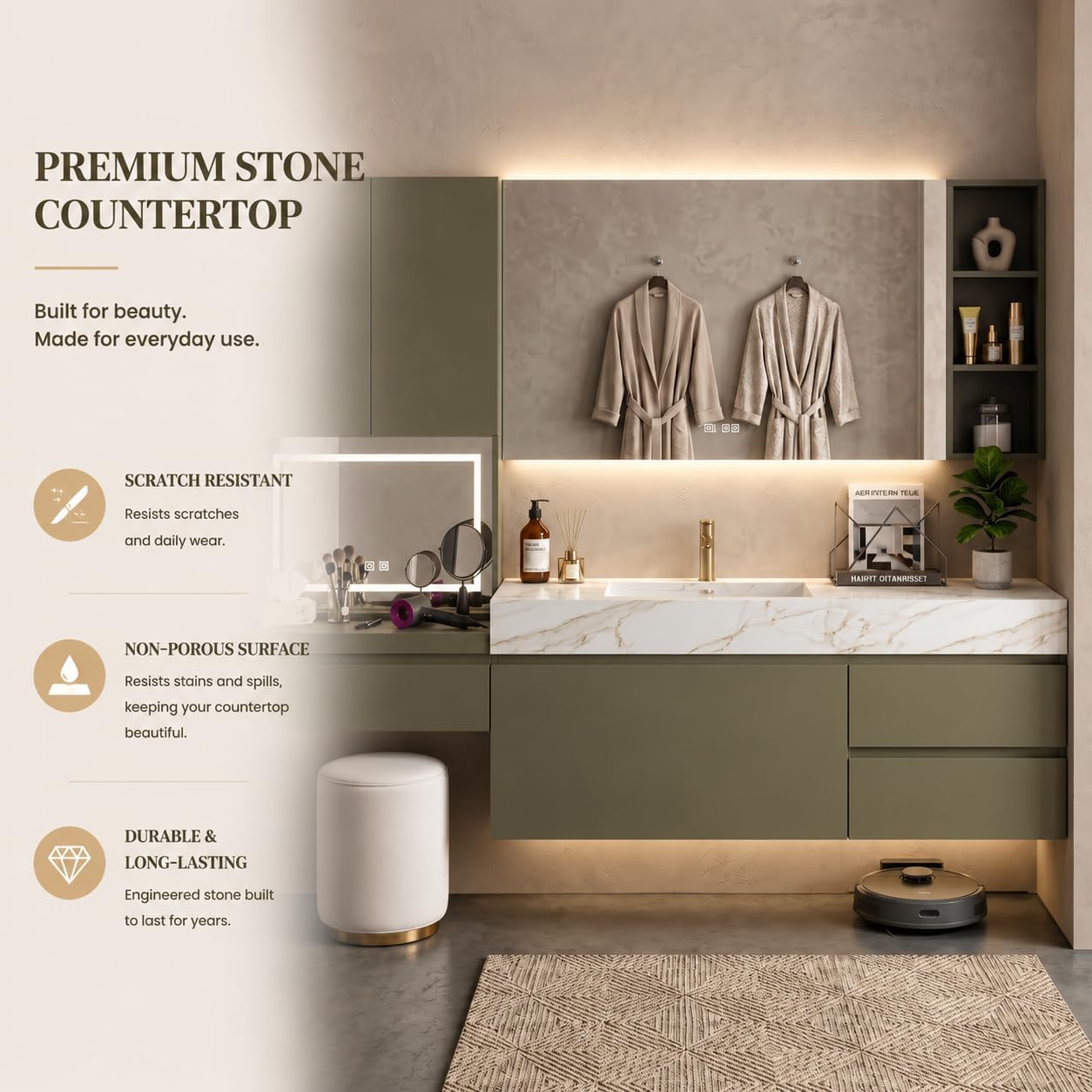 92IN Floating Bath Vanity with Sink, Side Cabinet, Makeup Area, Light Grey - Image 4