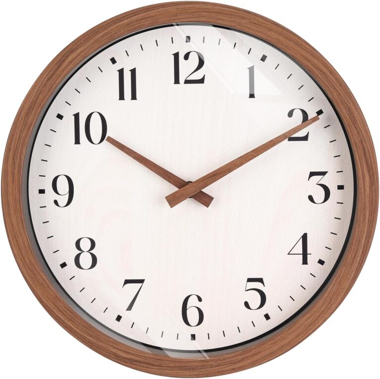 Topkey 12 Inch Silent Wall Clock with Wooden Hour and Minute Hands - Round Wood-Like Frame & White Dial for Home Office Kitchen Decor - Wooden Brown