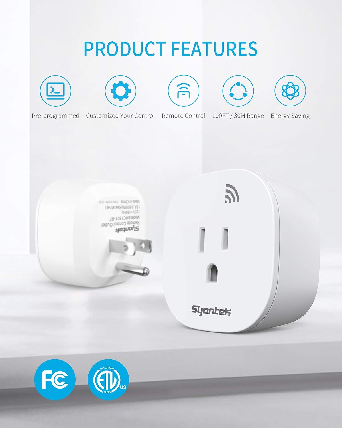 Syantek Remote Control Outlet Wireless Light Switch for Household Appliances, Expandable Remote Light Switch Kit, Up to 100 ft Range, FCC Certified, ETL Listed, White (3 Outlets + 1 Remotes) - Image 2
