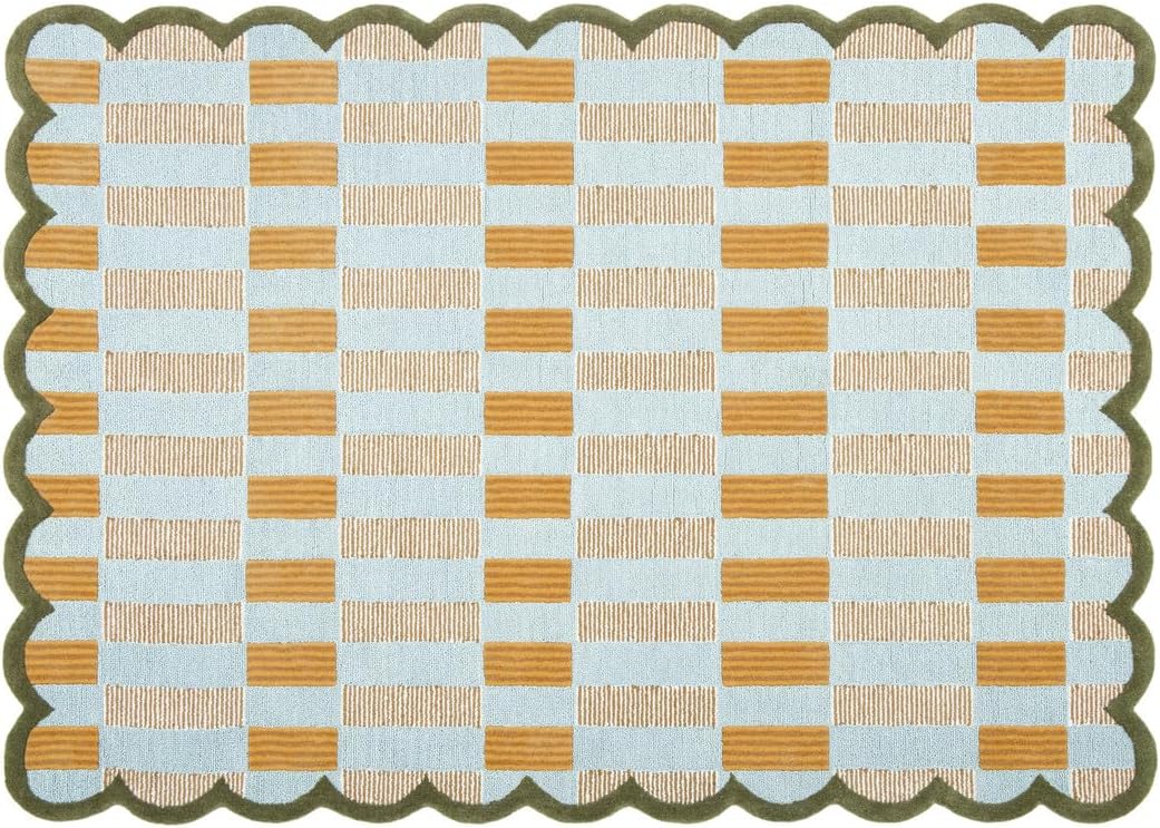 Checkered Hand-Tufted 100% Wool Area Rug - 5x5 Ft, Round Light Blue Base with Mustard and Beige Blocks, Olive Green Scalloped Edge, Cotton Backing Plush Carpet for Bedroom & Nursery - Image 4