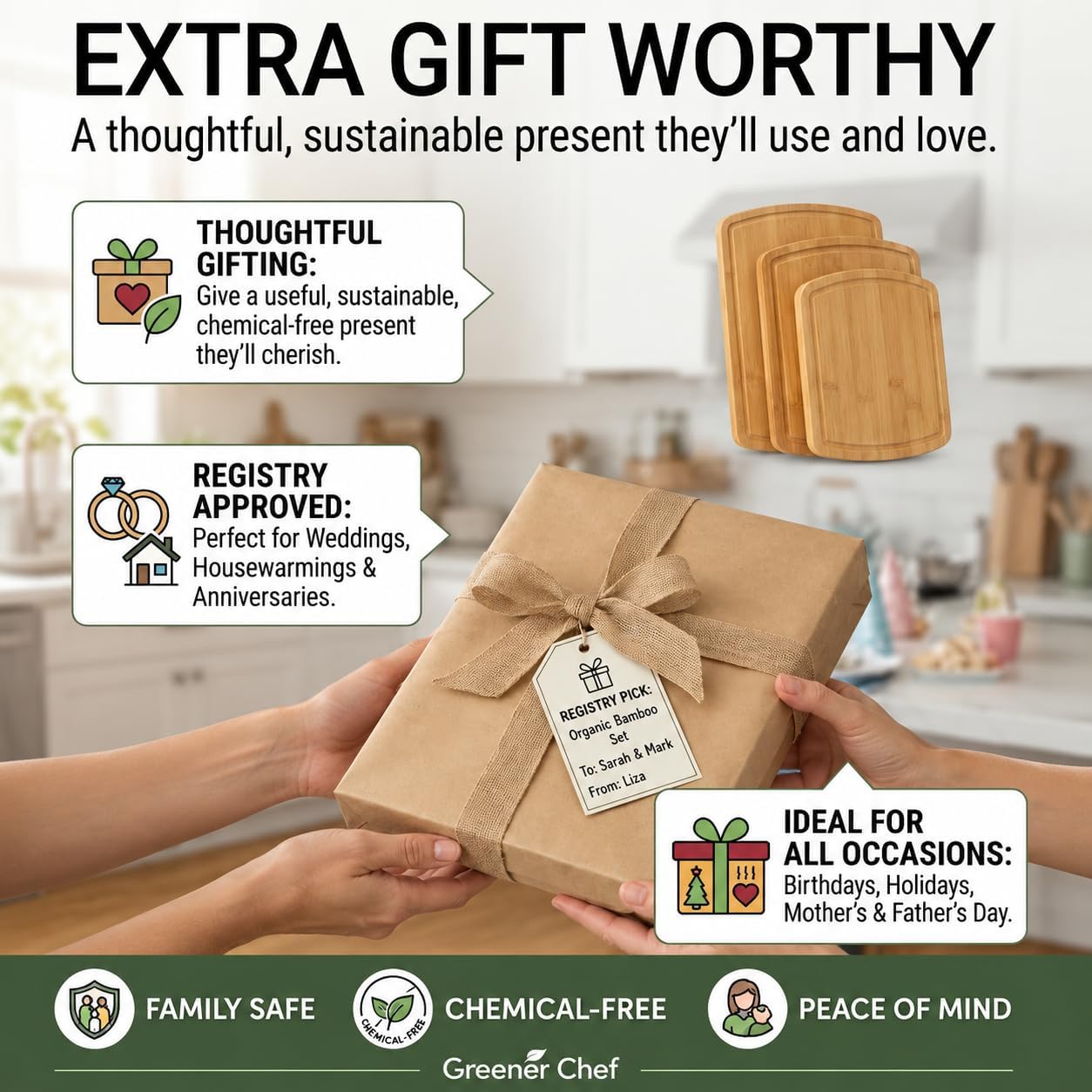 SAFEST Extra Large Bamboo Cutting Board Set of 3 with Glue-Free Surface Technology - Extra Spacious Wood Cutting Boards for Kitchen and XL Chopping Board Set - Replacements for Life - Image 7