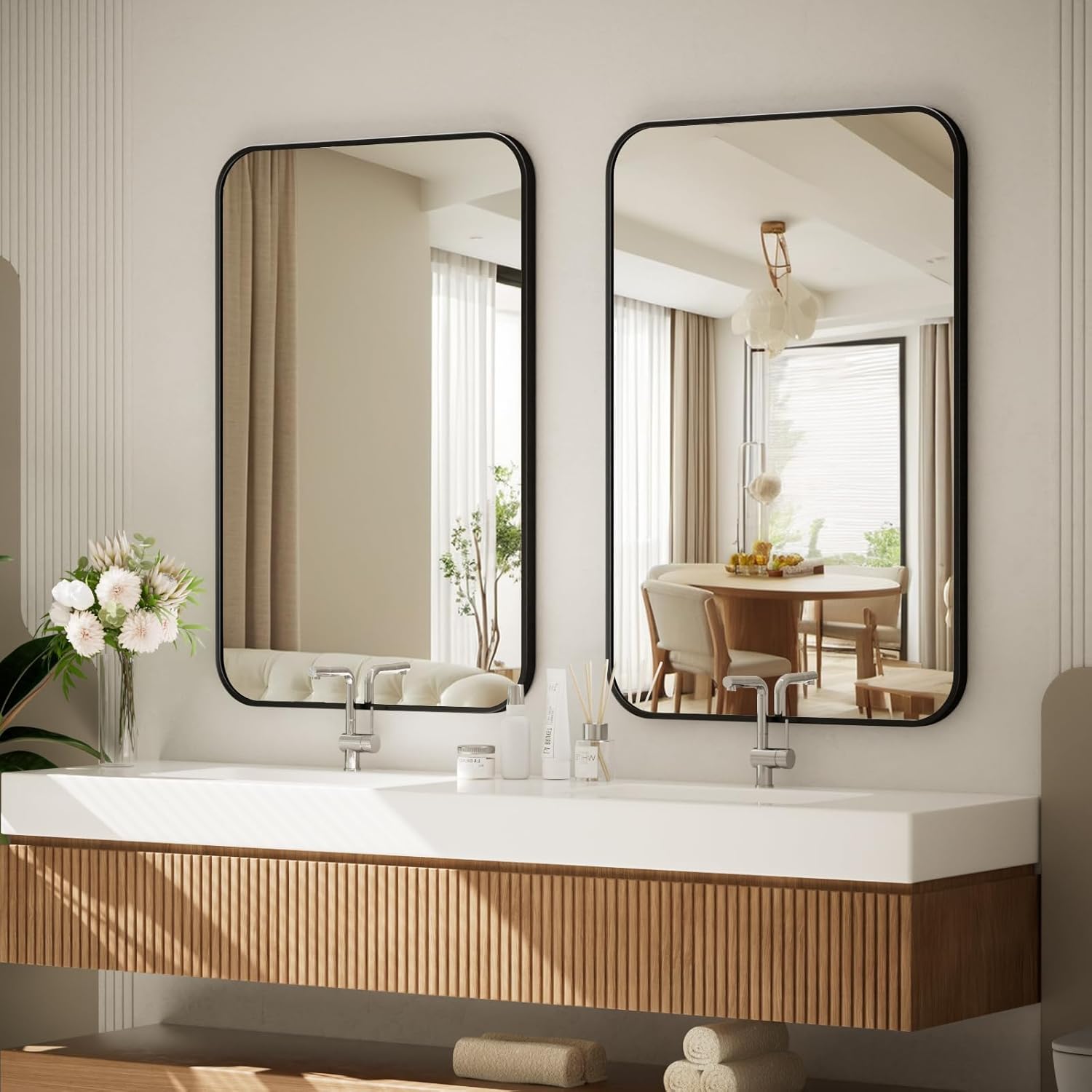 BEAUTYPEAK 24" x 36" Rectangular Aluminum Alloy Frame Wall Mounted Bathroom Mirror with Rounded Corners, Black - Image 5
