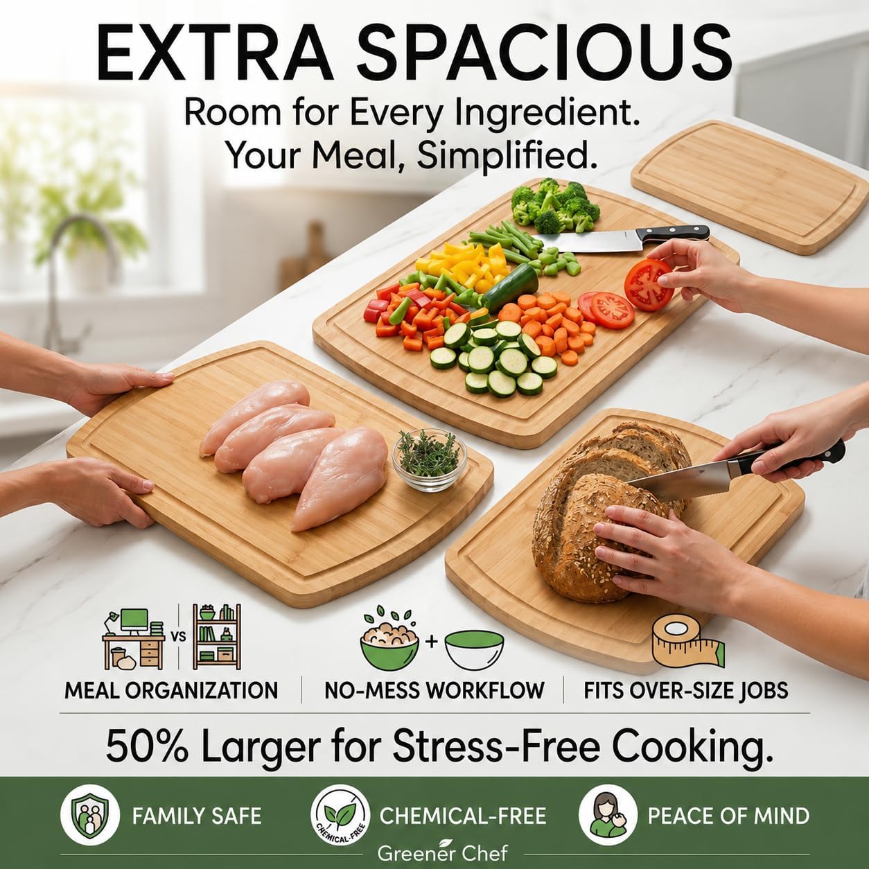 SAFEST Extra Large Bamboo Cutting Board Set of 3 with Glue-Free Surface Technology - Extra Spacious Wood Cutting Boards for Kitchen and XL Chopping Board Set - Replacements for Life - Image 3