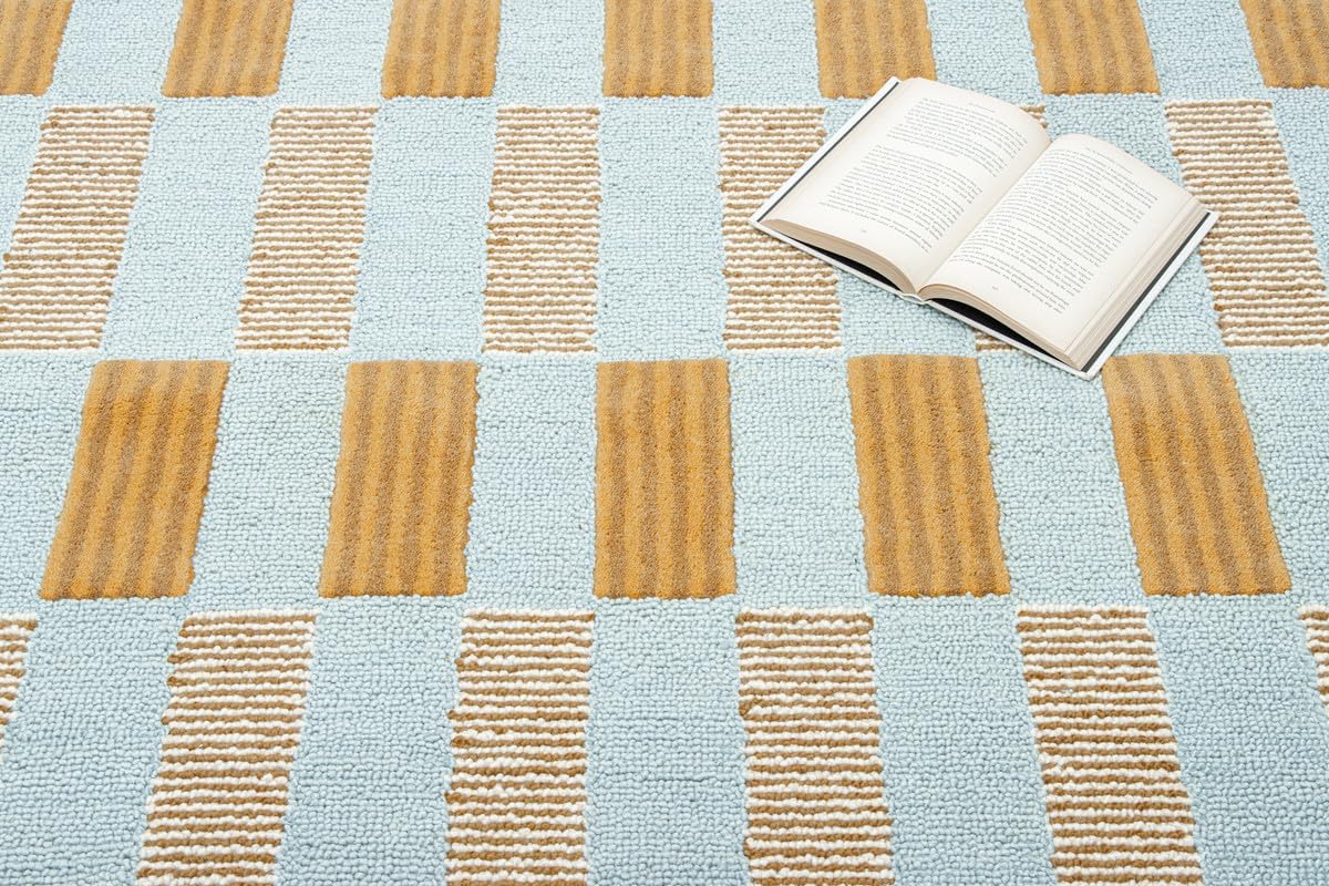 Checkered Hand-Tufted 100% Wool Area Rug - 5x5 Ft, Round Light Blue Base with Mustard and Beige Blocks, Olive Green Scalloped Edge, Cotton Backing Plush Carpet for Bedroom & Nursery - Image 7