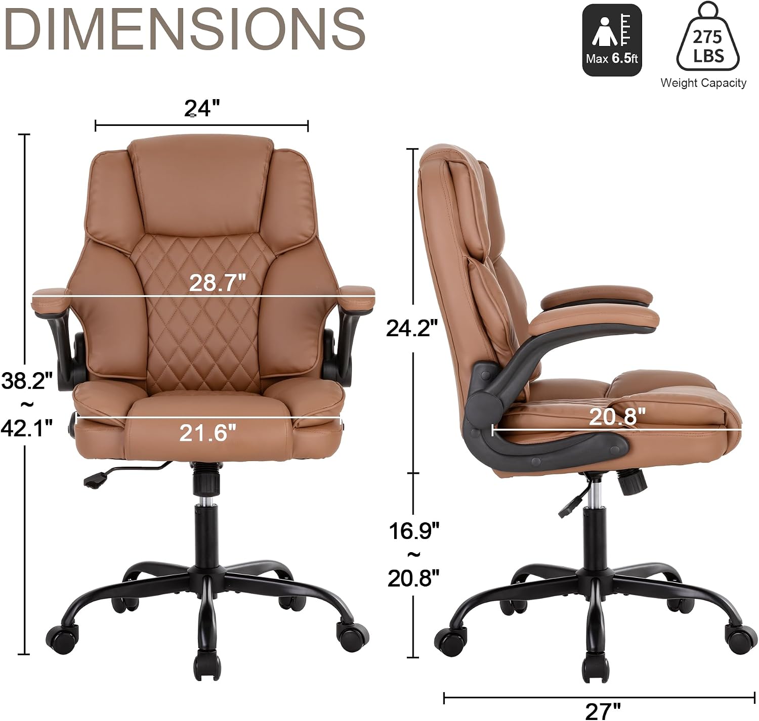 Office Desk Chair,Mid Back Executive Leather Chair,Ergonomic Home Computer Chair,Modern Conference Room Chairs with Adjustable Flip-Up Arms and Rocking Function (Brown) - Image 2