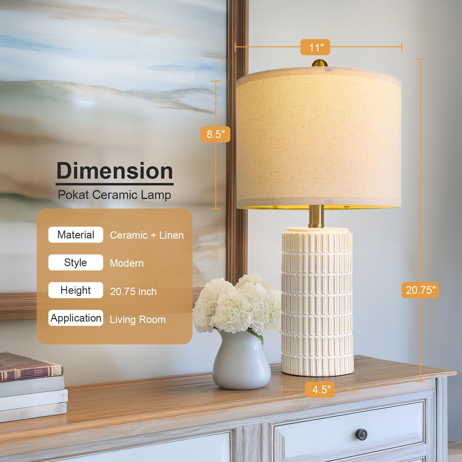 PoKat 20.75" Small Modern Ceramic Table Lamps Set of 2 for Bedroom, White - Image 4