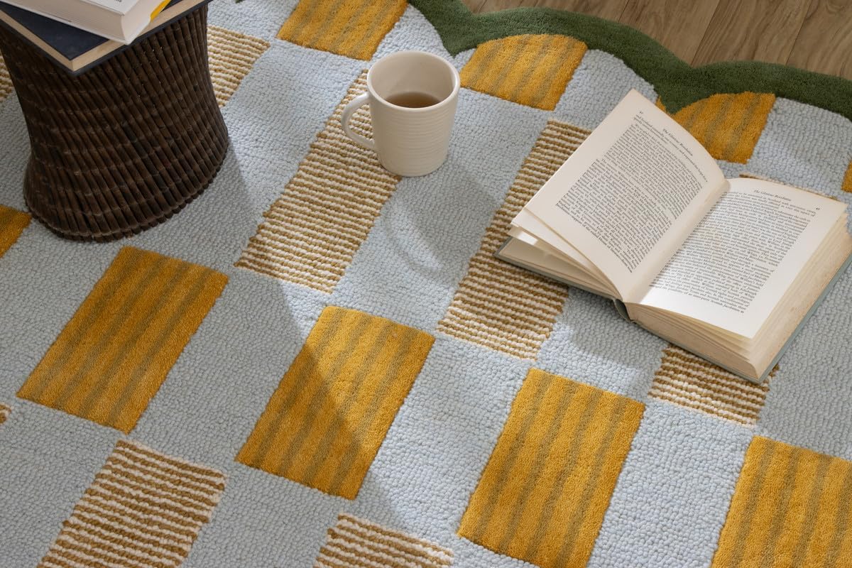 Checkered Hand-Tufted 100% Wool Area Rug - 5x5 Ft, Round Light Blue Base with Mustard and Beige Blocks, Olive Green Scalloped Edge, Cotton Backing Plush Carpet for Bedroom & Nursery - Image 3