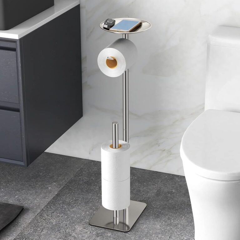 FEILERN Toilet Paper Holder Stand for Bathroom Floor Standing Toilet Roll Dispenser Storages 4 Reserve Rolls, with Top Storage Shelf for Cell Phones, Wipe, Wallet and More(Brush Nickel)