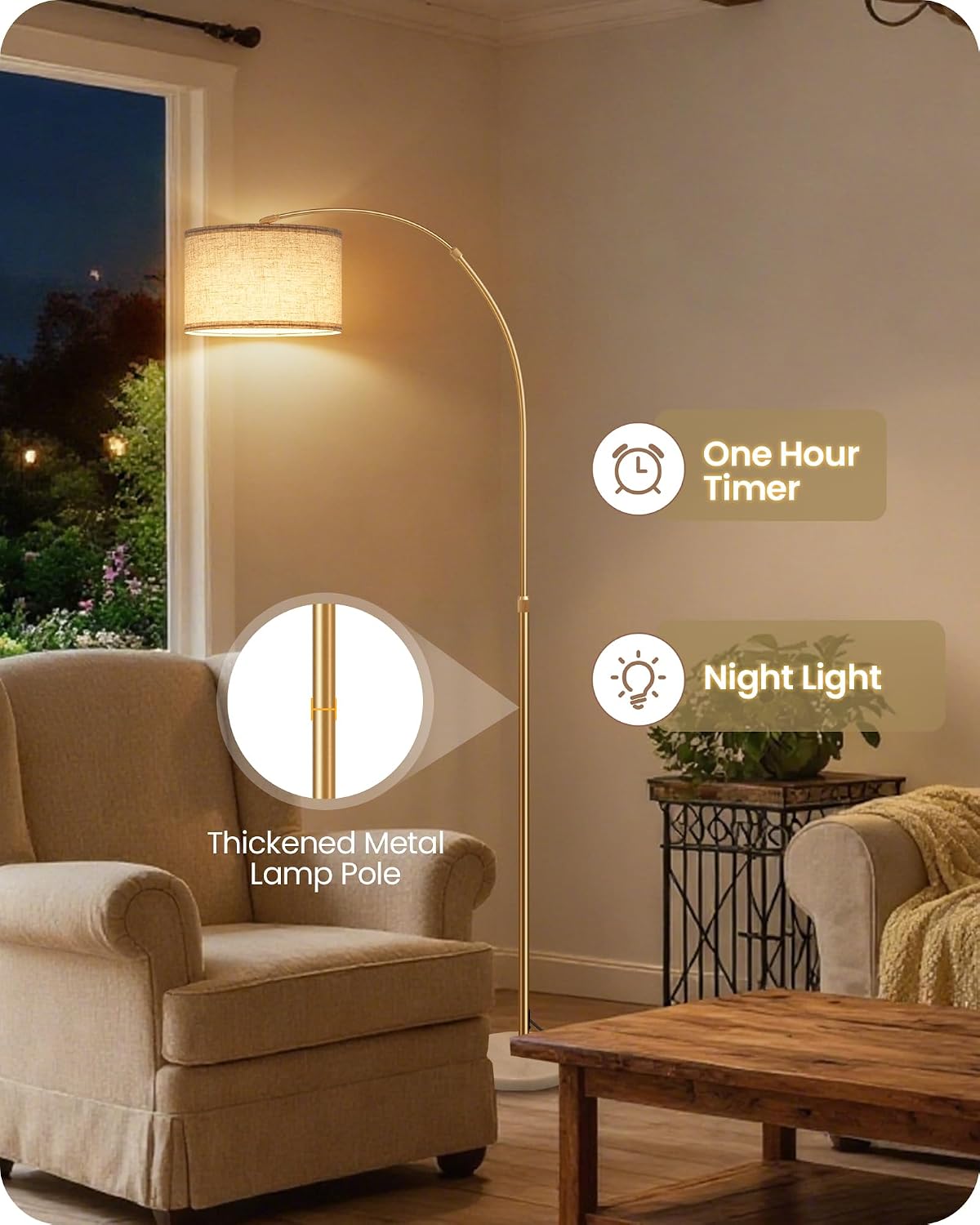 75" Dimmable Gold Arc Floor Lamp with Marble Base, Adjustable Height, Beige - Image 8