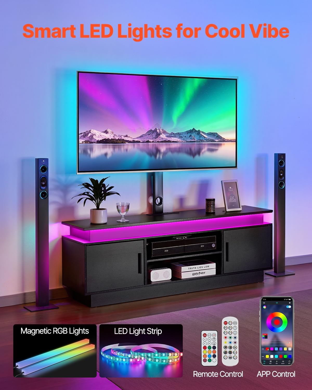 VEVOR 52" TV Stand with Mount for up to 75 in TVs, Entertainment Center with Power Outlet & LED Lights, Height Adjustable TV Console with Mount with 3 Tiers Storage Cabinets for Bedroom, Living Room - Image 4