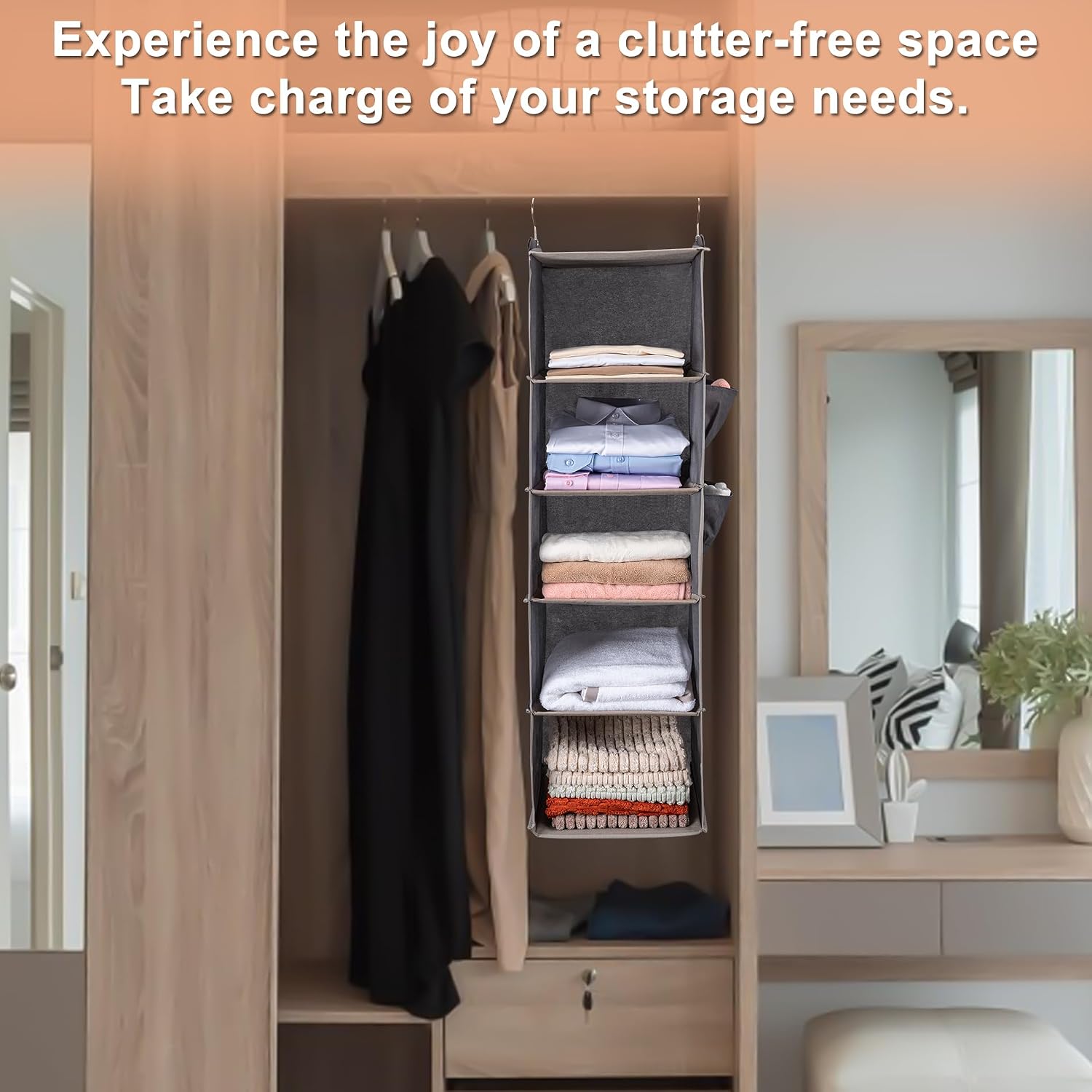 BOOMIBOO Hanging Closet Organize and Shelves,5-Hanging Shelf with 2 Side Pockets,Storage Foldable (Grey) - Image 5