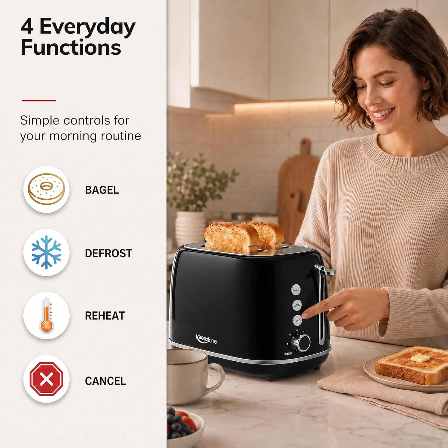 2 Slice Retro Stainless Steel Toaster with Bagel, Cancel, Defrost Function and 6 Bread Shade Settings Bread Toaster, Extra Wide Slot and Removable Crumb Tray (Black) - Image 4