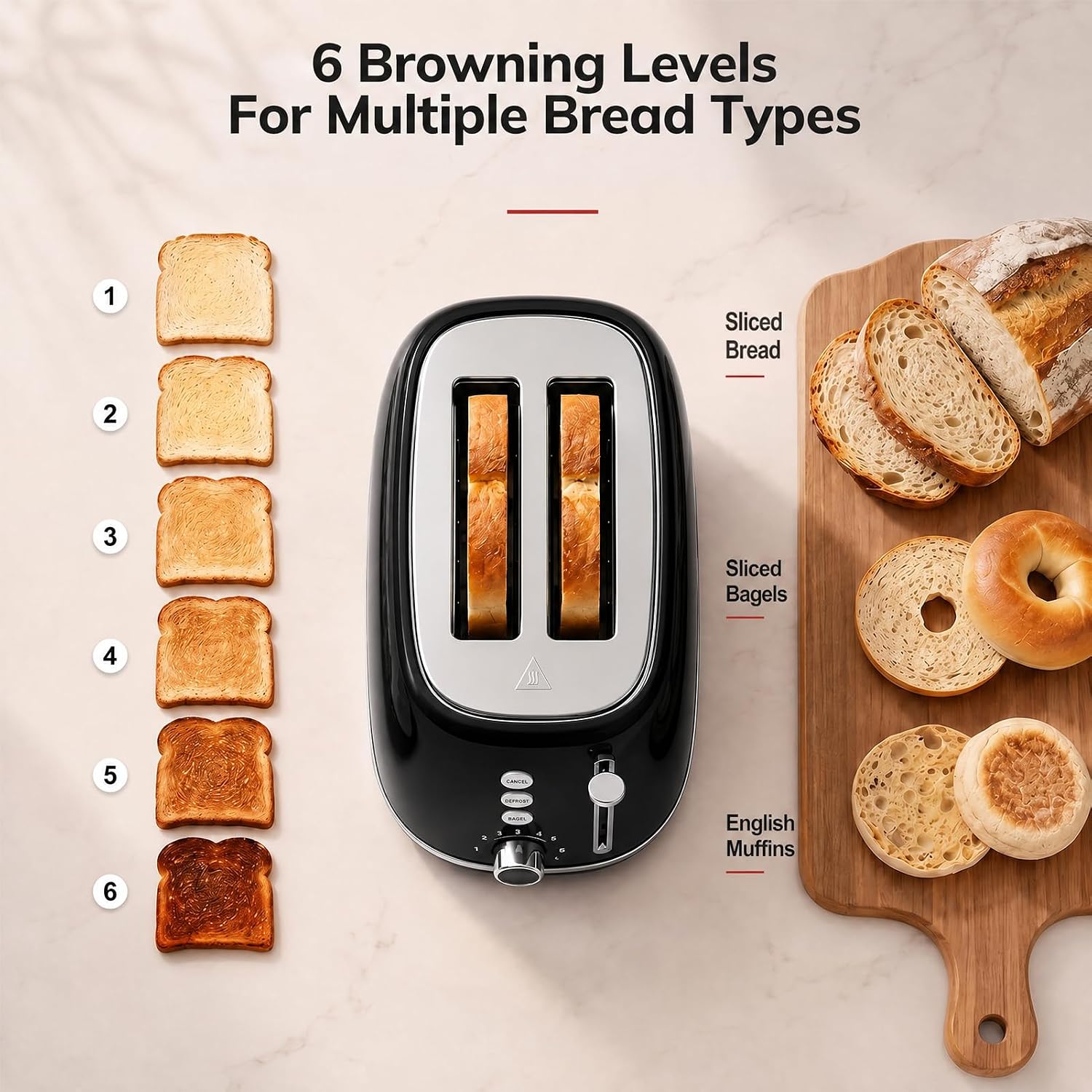 2 Slice Retro Stainless Steel Toaster with Bagel, Cancel, Defrost Function and 6 Bread Shade Settings Bread Toaster, Extra Wide Slot and Removable Crumb Tray (Black) - Image 5