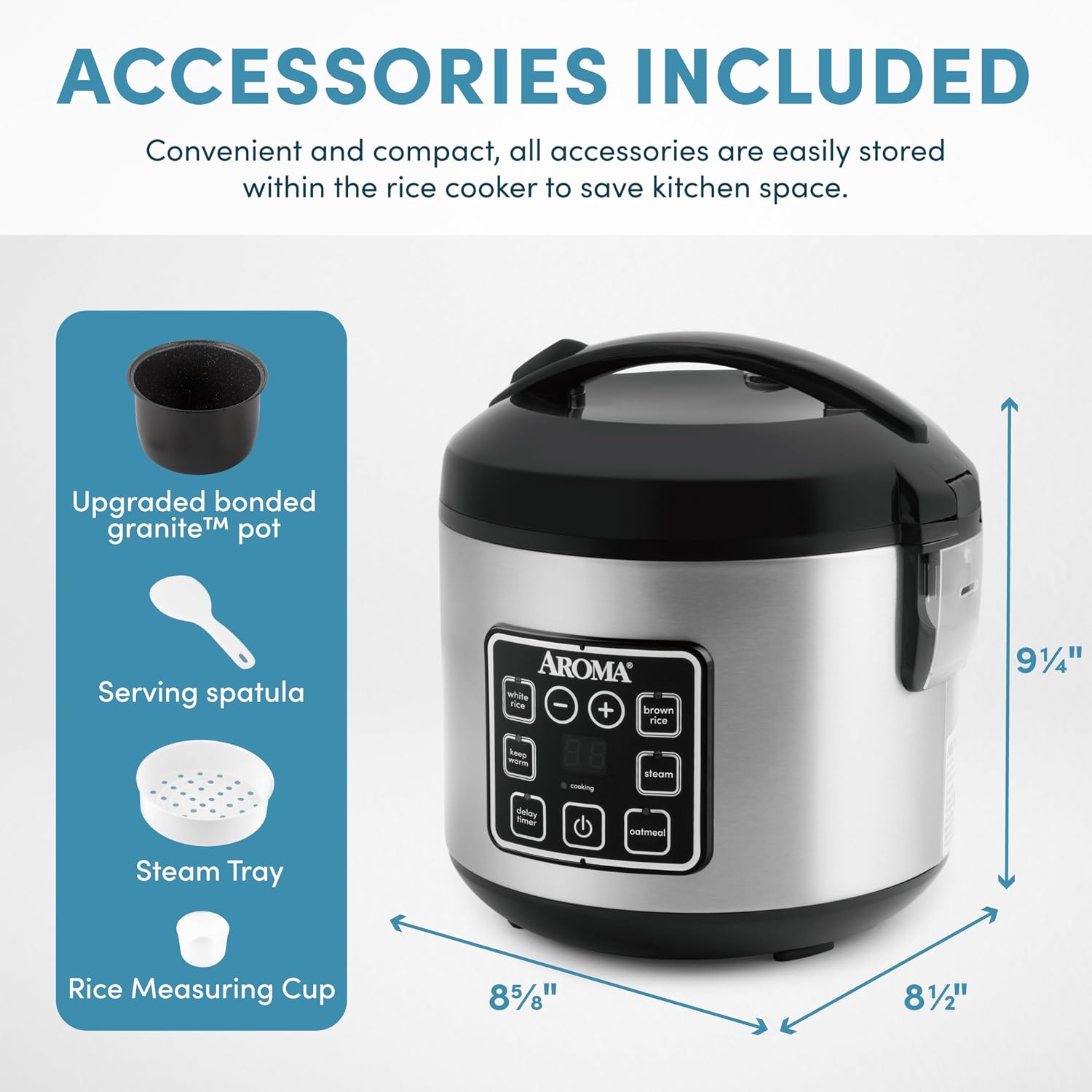 AROMA® 8-Cup (Cooked) / 2 Qt. Digital Rice & Grain Multicooker, Durable Nonstick Inner Pot, Oatmeal, Steam, White & Brown Rice, Keep Warm - Image 3