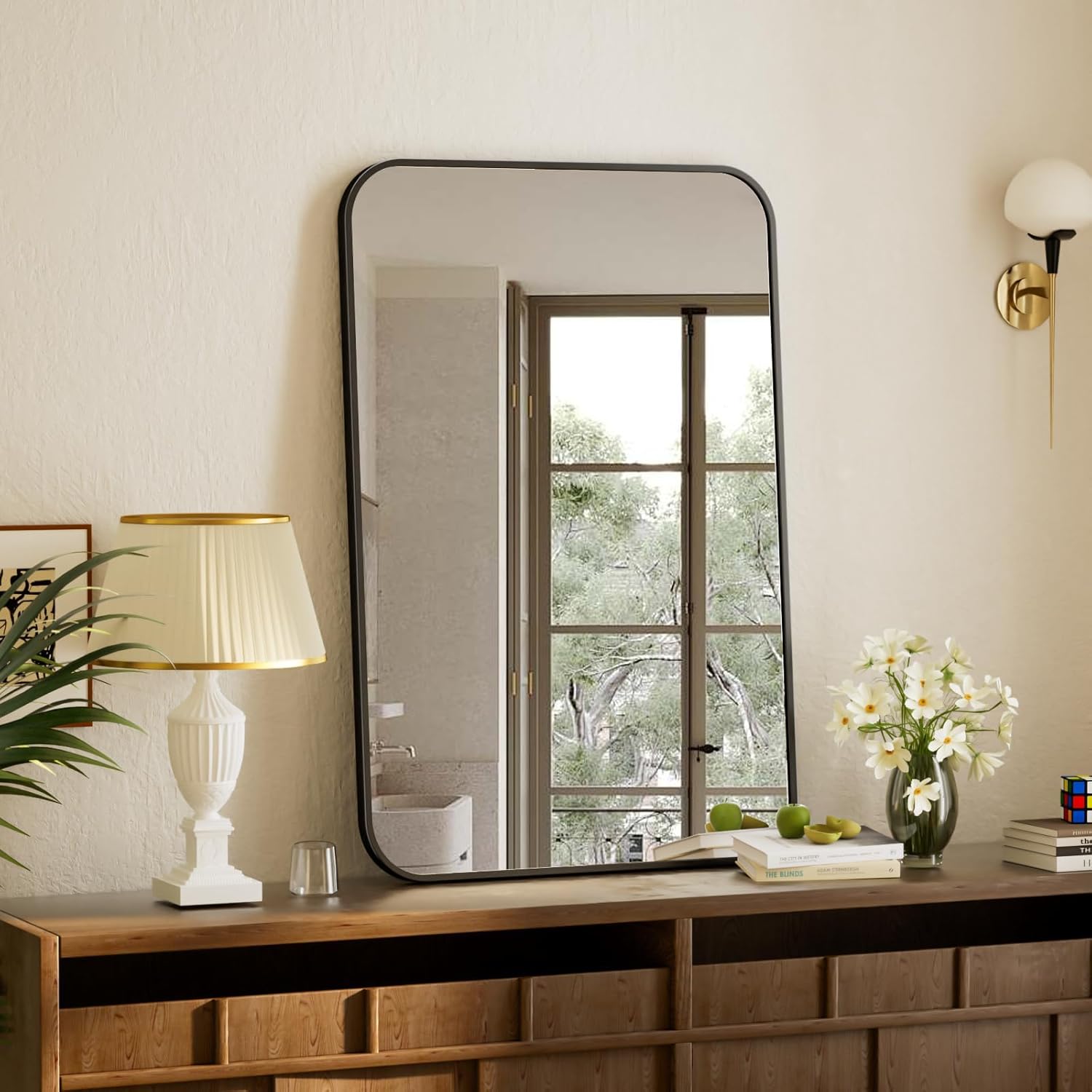 BEAUTYPEAK 24" x 36" Rectangular Aluminum Alloy Frame Wall Mounted Bathroom Mirror with Rounded Corners, Black - Image 7