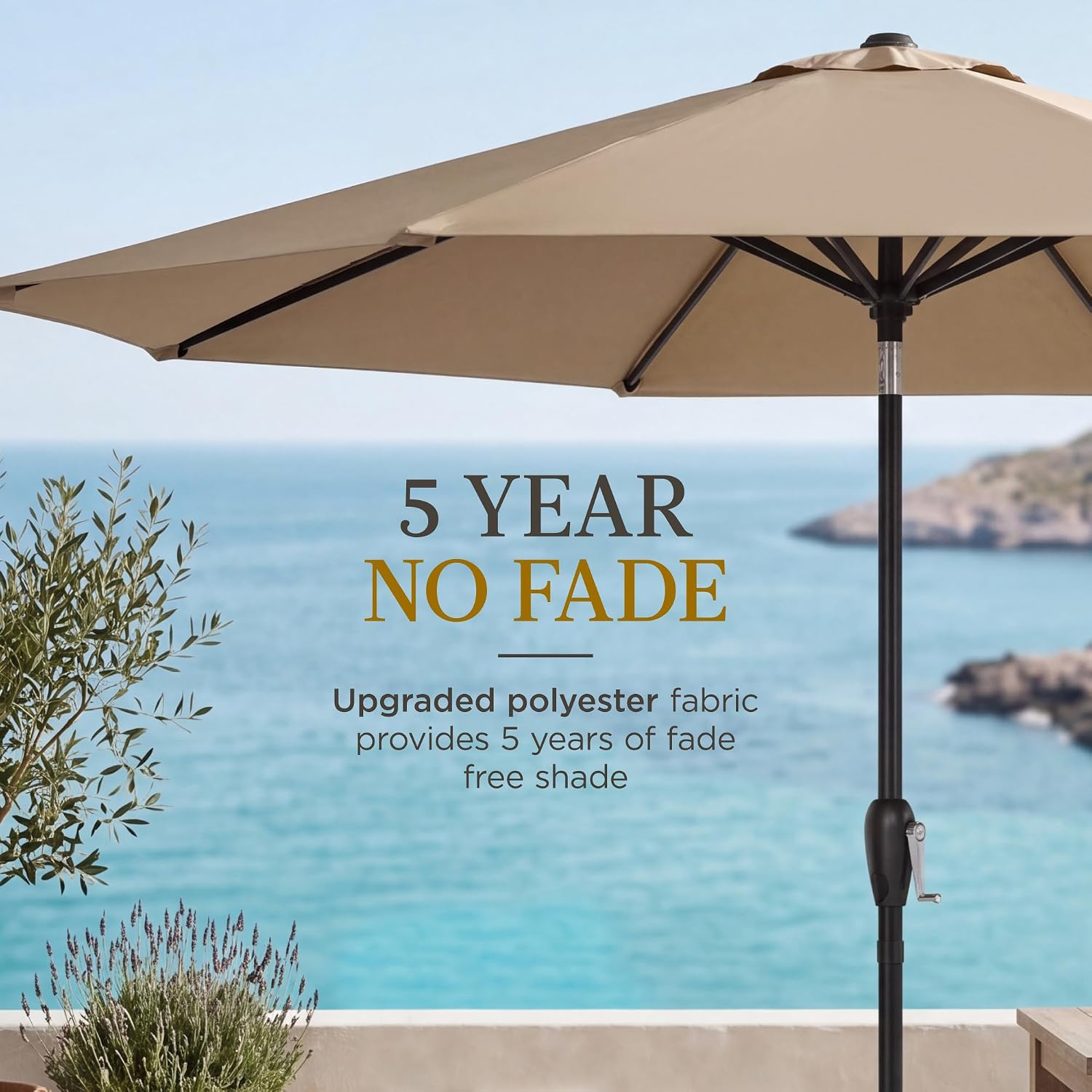 9ft Commercial Grade Patio Umbrella, 5-Year Fade Resistant 260 GSM Polyester Canopy, Rustproof Aluminum Frame, Smooth Tilt & Crank for Patio, Restaurant, Pool & Deck - Tan - Image 5