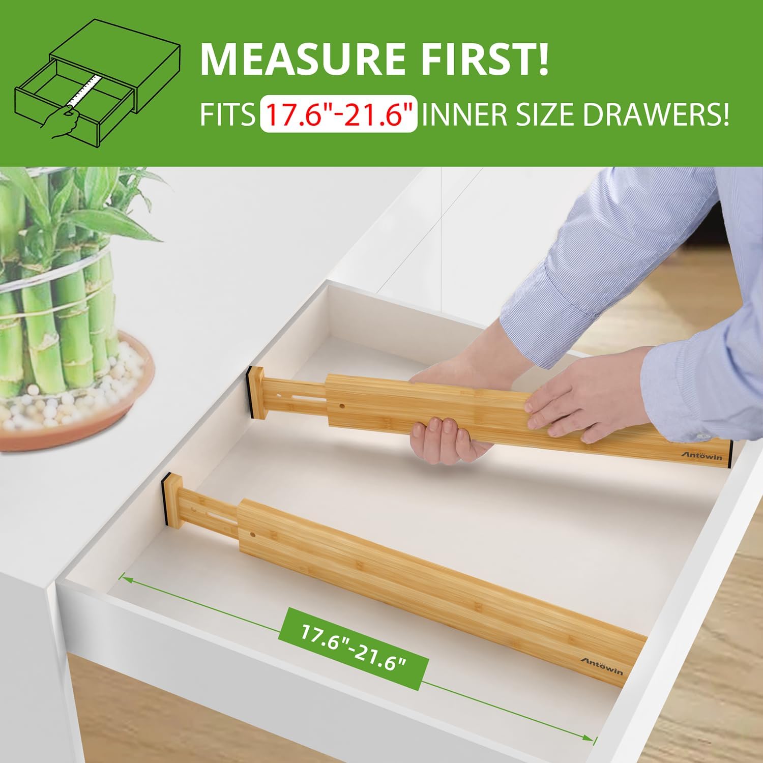 ANTOWIN 4 Pcs Expandable Bamboo Drawer Dividers, Fits 17.6-21.6" Drawers - Image 2