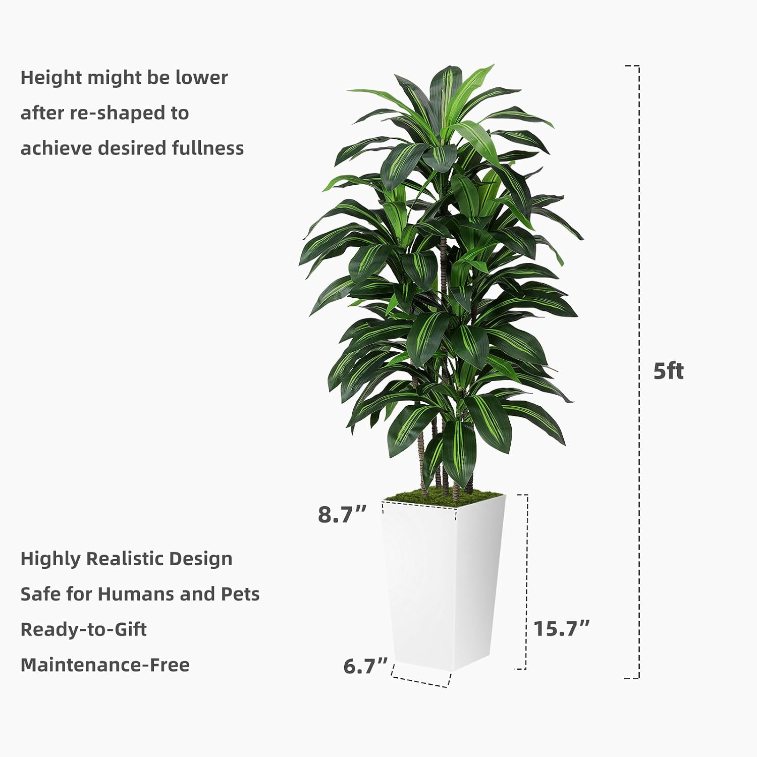 ASTIDY Artificial Plant 5FT Dracaena Fake Tree with White Tall Planter - Image 6