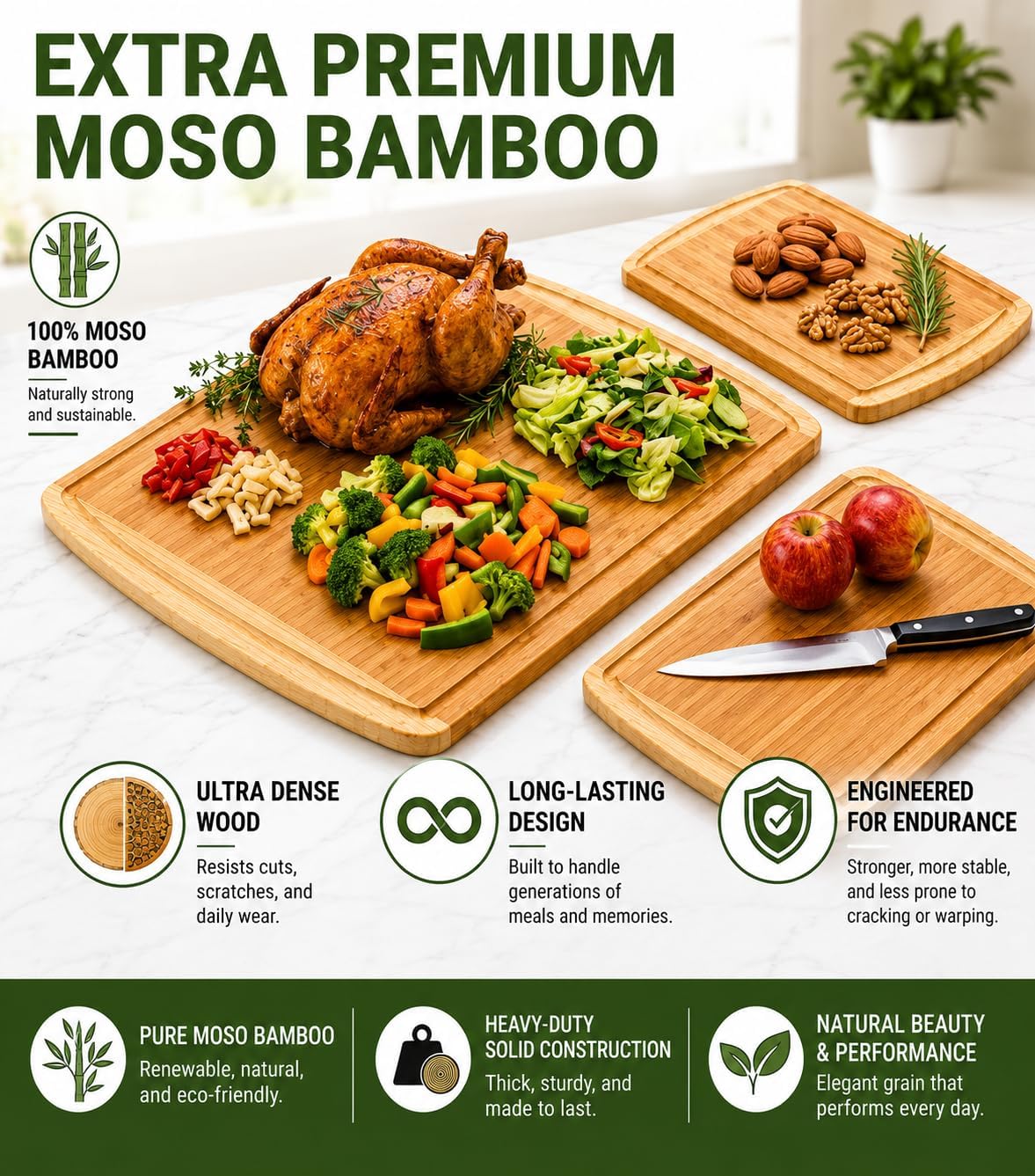 INDESTRUCTIBLE Extra Large Bamboo Cutting Board Set of 3 with Vertical Grain Strength Technology - XL Wood Cutting Boards for Kitchen and Lightweight Chopping Board Set - Replacements for Life - Image 3