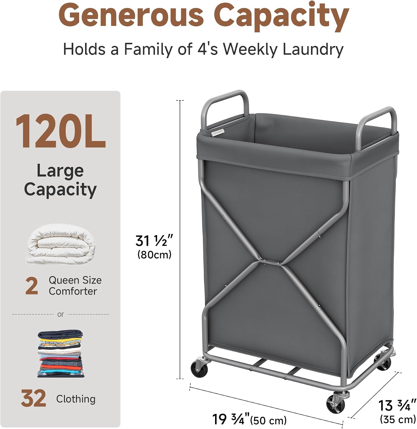 StorageWorks Laundry Basket, Rolling Hamper with Removable Bag, Grey, 120L - Image 2