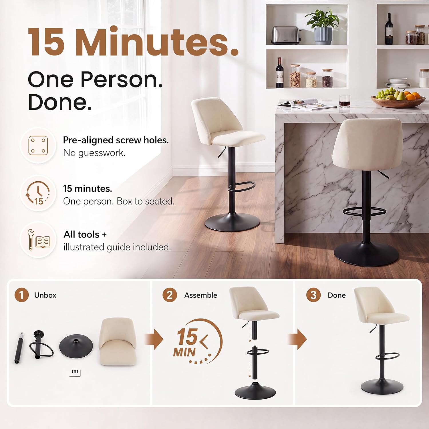 COLAMY Adjustable Upholstered Bar Stools Set of 3,360° Swivel Counter Height Chairs with Soft Cushioned Seat & Stable Metal Base for Kitchen Island,250 LBS Capacity,Easy Assembly,Beige - Image 4