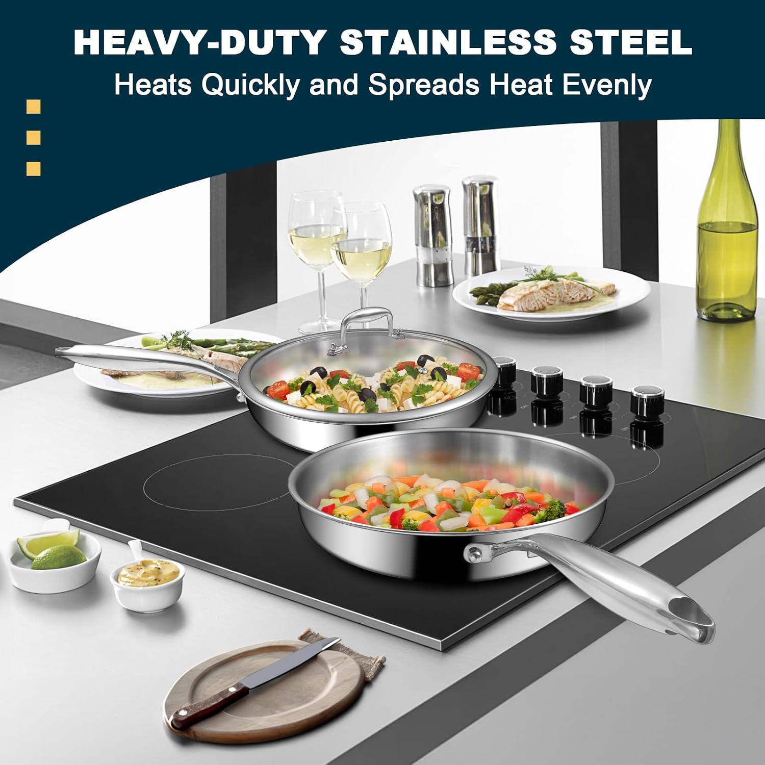 Tri-Ply Stainless Steel Frying Pans Set with Lid, EWFEN 8”/10”/12” Cooking pans, PFOA&PTFE Free Skillet, Induction Cooking Pan, Dishwasher and Oven Safe, Fast & Even Heat, Suitable for All Stove - Image 7
