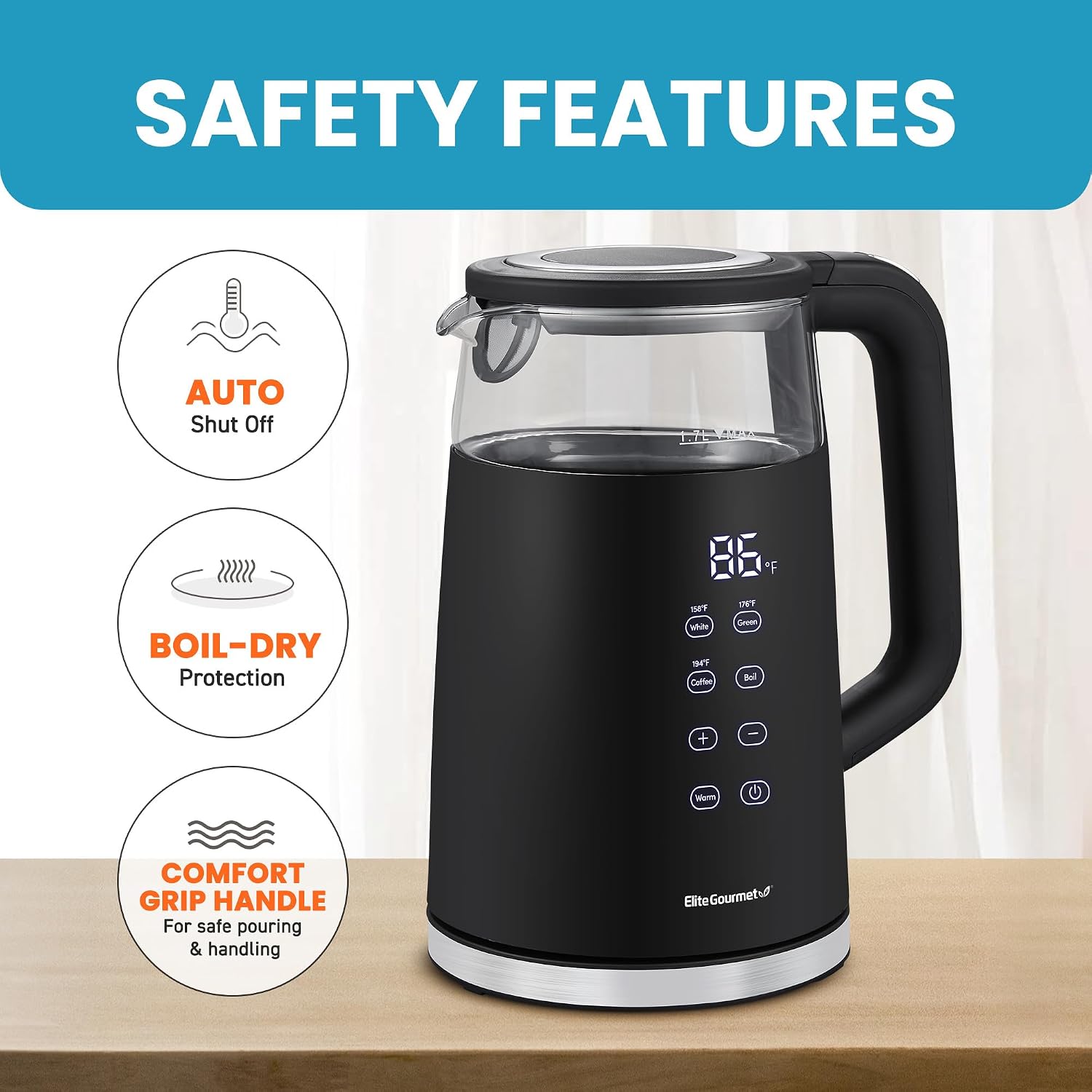 Elite Gourmet 1.7L Dual-Wall Cool-Touch Tea Kettle, Touchscreen, Black - Image 5