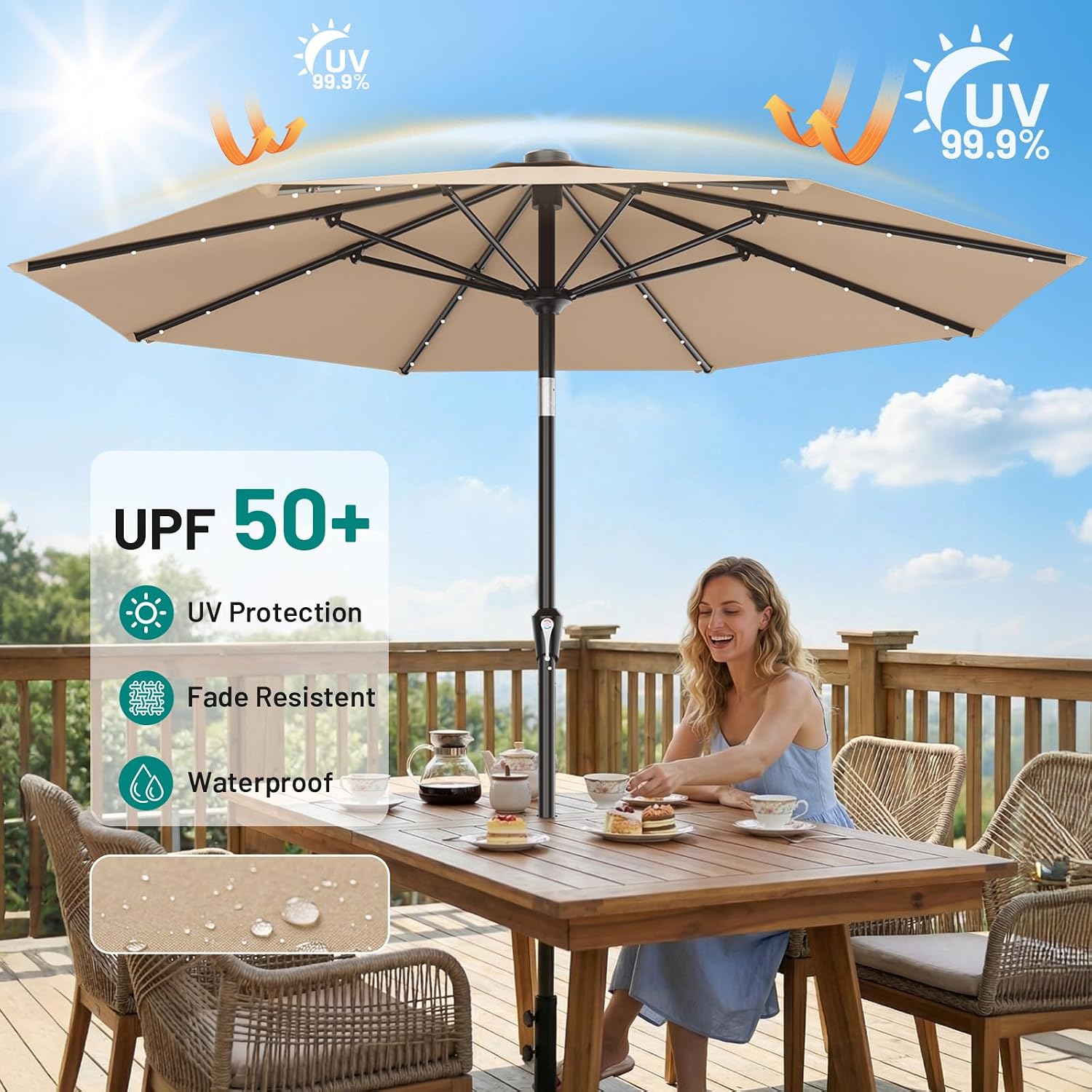 AreShark 9FT Patio Umbrella with Solar Lights, 32 Lighted Pool Umbrella w/Tilt and Crank, Outdoor Market Solar Umbrellas for Garden, Deck, Backyard, Pool and Beach, Beige - Image 6