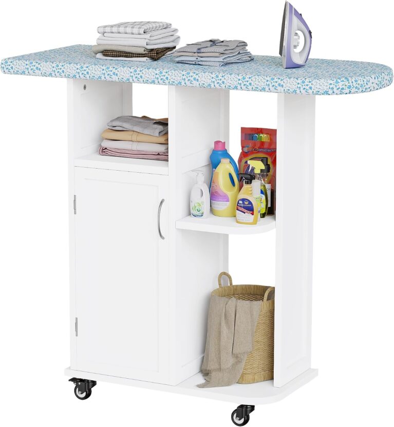 Rolling Ironing Board with Storage Cabinet, Small Ironing Table with Wheels